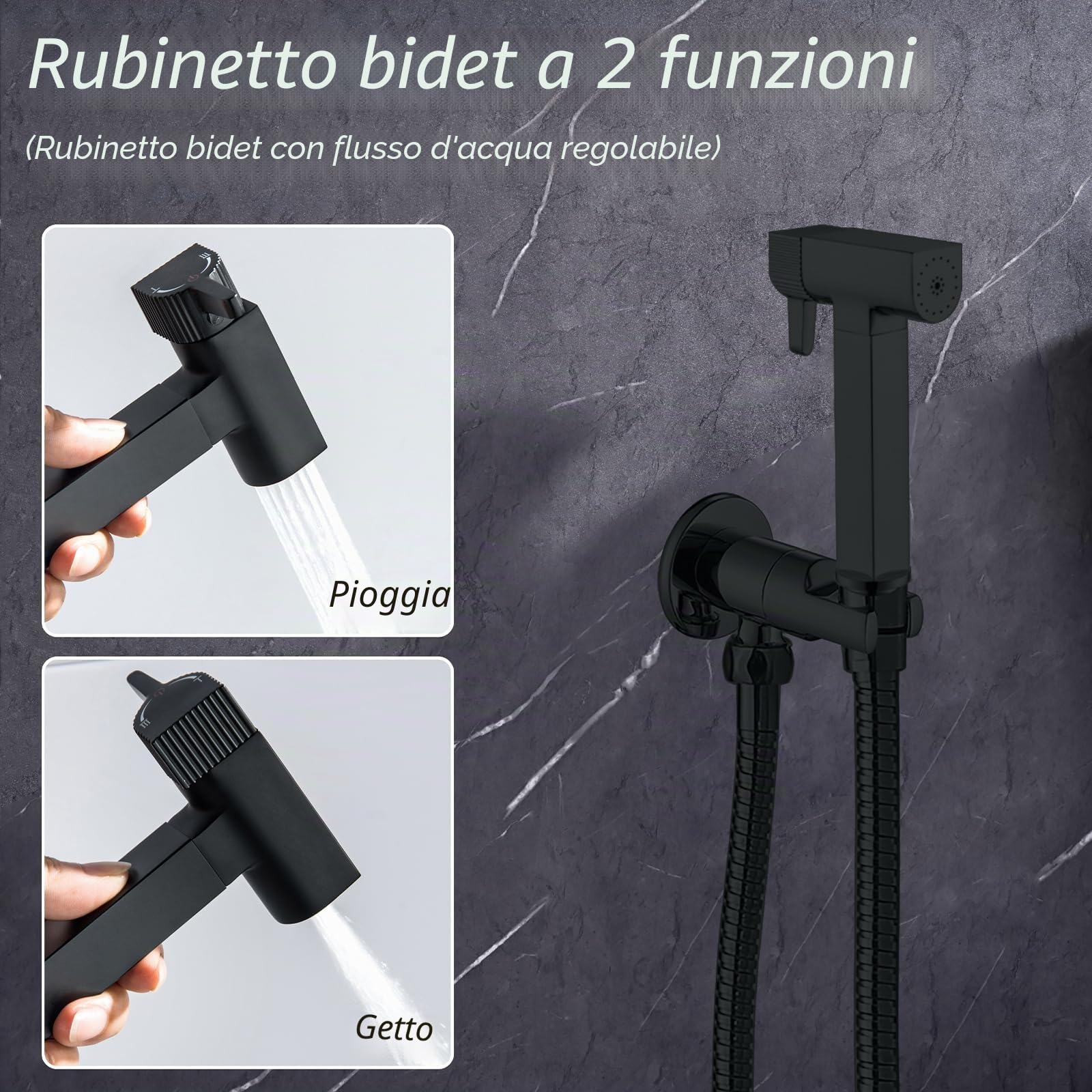 Doccetta per Bidet Nero Spruzzatore per Bidet Ottone Idroscopino per WC, con Uno Dentro Uno Fuori Valvola ad Angolo, Spruzzatore a Doppia Funzione in Ottone, 1.2M Tubo Doccia
