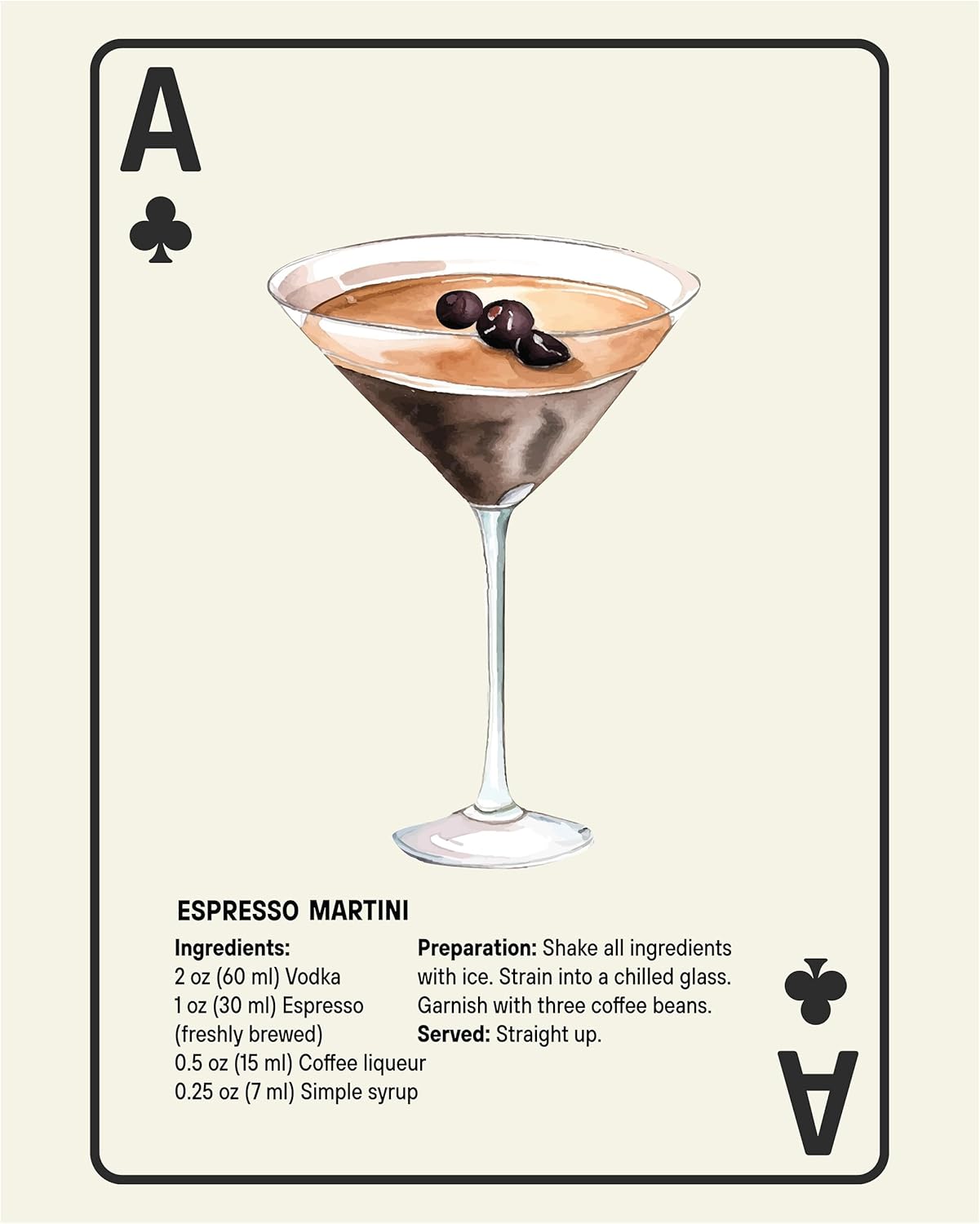Shuffle Club Co Espresso Martini 8x10 Cocktail Poster Series (Ace of Clubs, 8x10, Framed)