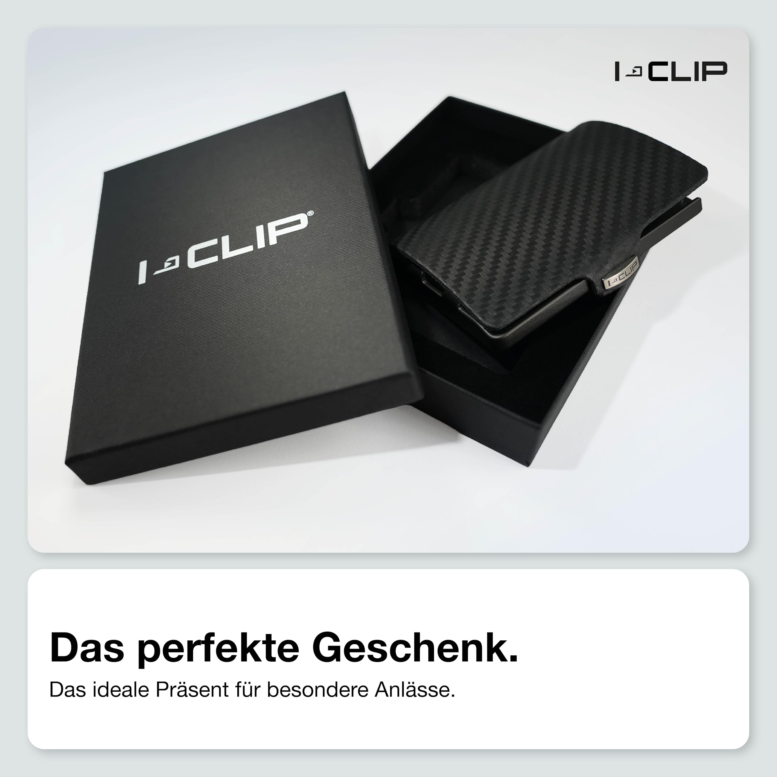 I-CLIP Original Herren Geldbörse - Slim Wallet mit Geldklammer - Mini-Portemonnaie mit Platz für bis zu 12 Karten - Ultraleicht mit nur 22g - Echtleder in Carbon-Optik - Schwarzer Rahmen