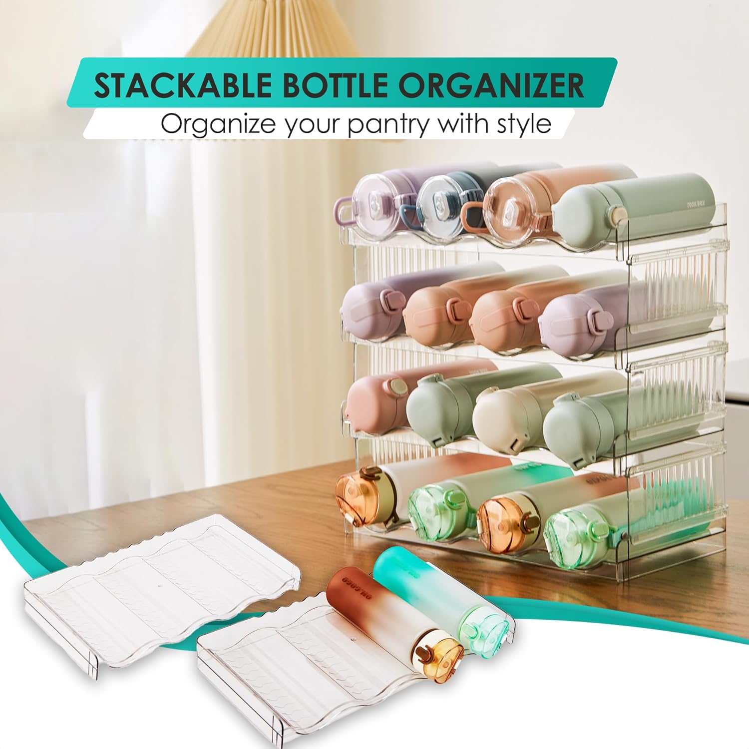 Prixure Stackable Water Bottle Organizer for Cabinet with free cleaning brush, 4 Layer Hold 16 Bottles for Fridge Pantry Cabinet & Storage, Tumbler Mug Cup Organizer for kitchen Cabinets, best Gift