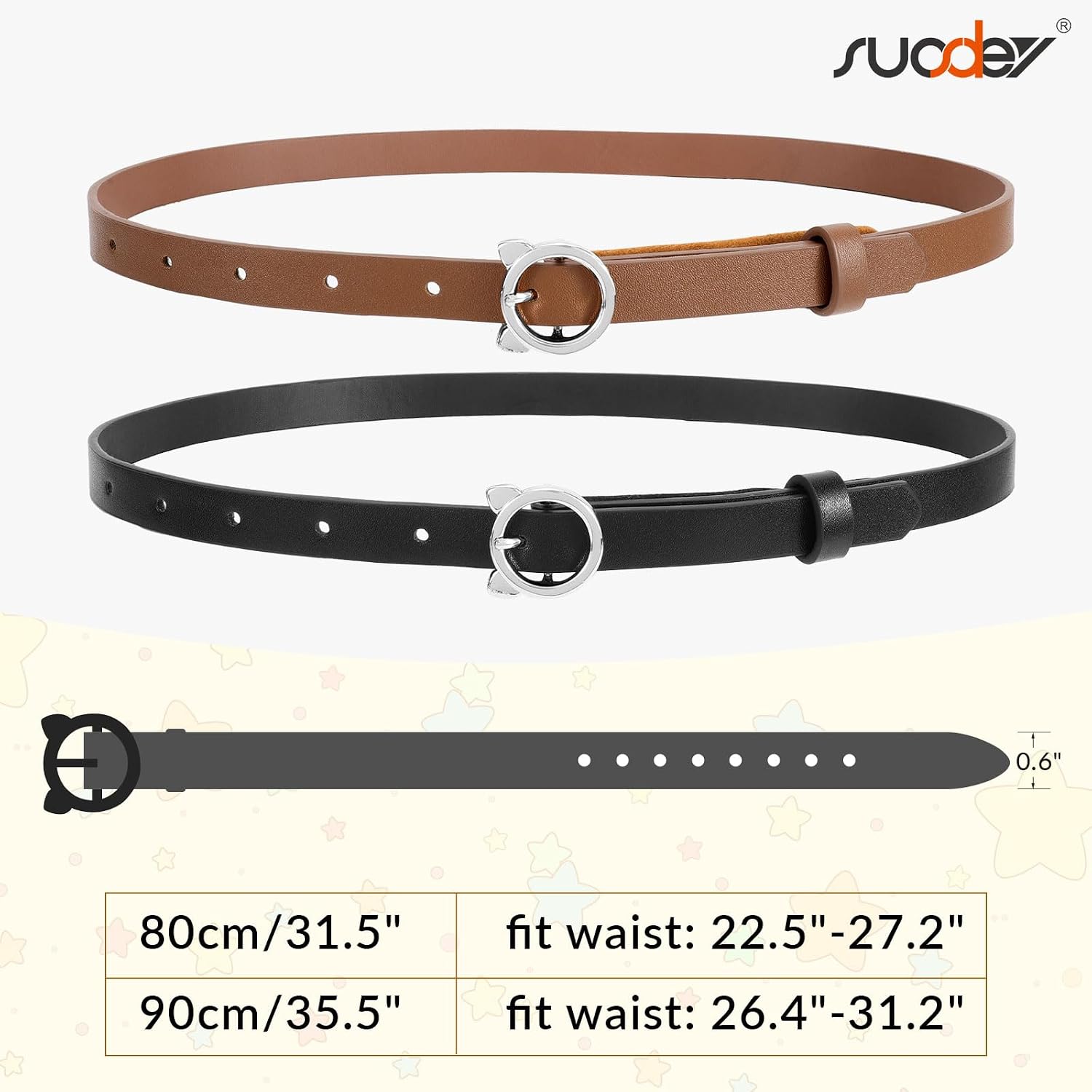 SUOSDEY 2 Pack Girls Skinny Leather Belt with Cute Alloy Pin Buckle Belt for Kids Girls Uniform Jeans Dress Pants