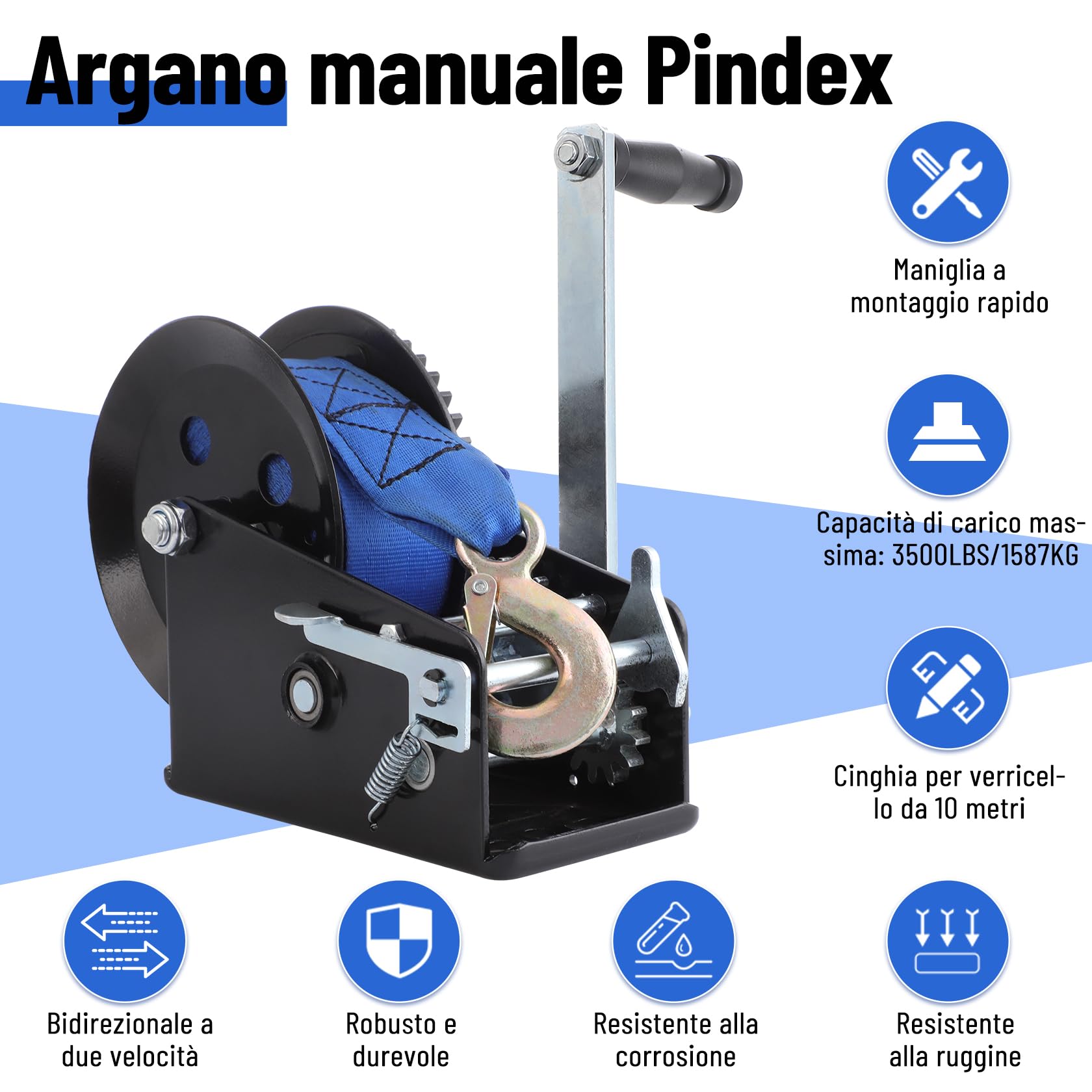 Pindex Verricello a Corda con Freno Fino a 3500LBS, Verricello con Impugnatura Rapida, 4:1,8:1, Argano per Rimorchio Barca, Argano a Mano per Camper, Blu