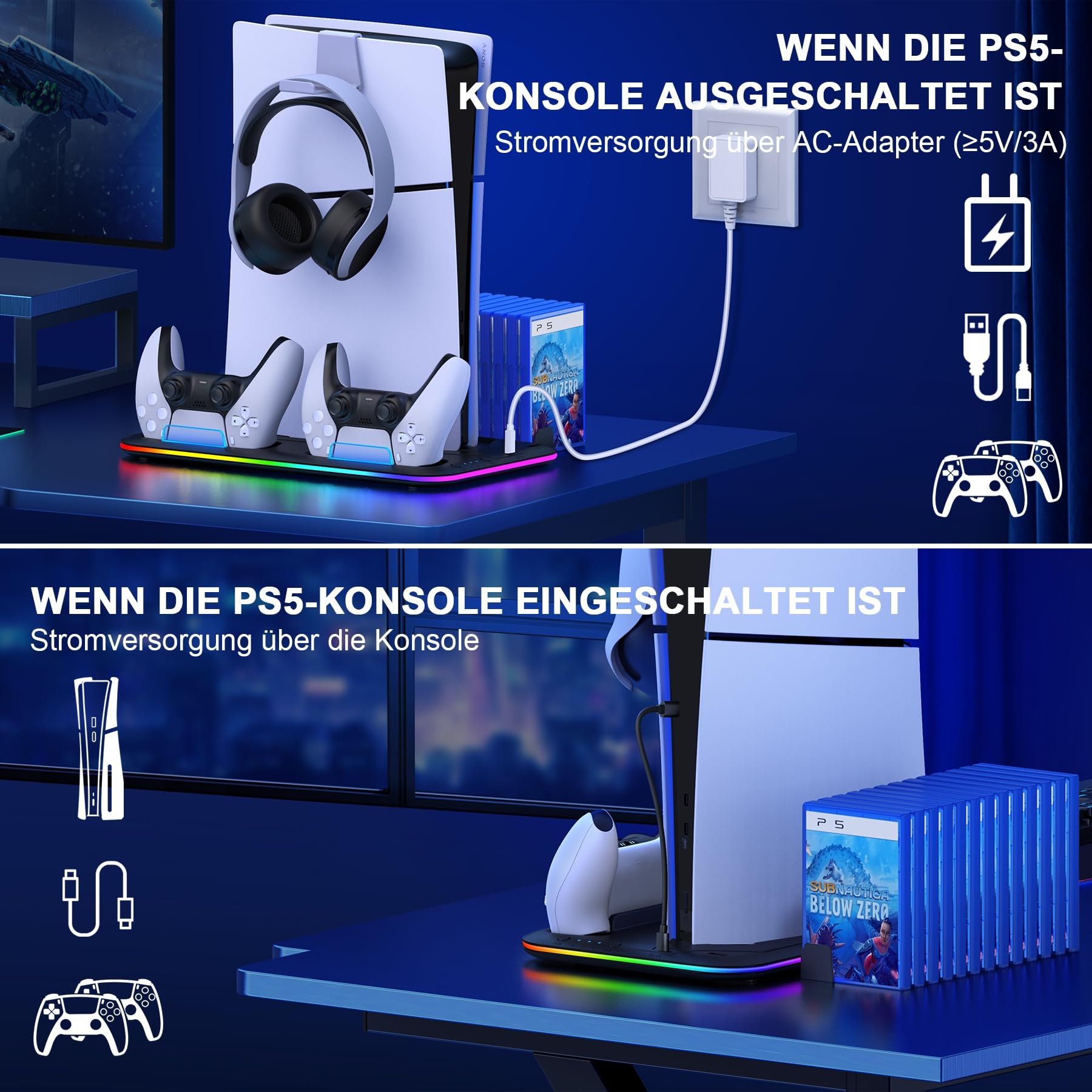 ALEEMTRY PS5 Ständer Zubehör für PS5 Slim Neu, PS5 Standfuß mit 3-Stufig Lüfter PS5 Kühler/RGB Licht/15 Spiele Aufbewahrung, PlayStation 5 Standfuß für PS5 Slim Disc & Digital Konsole Schwarz