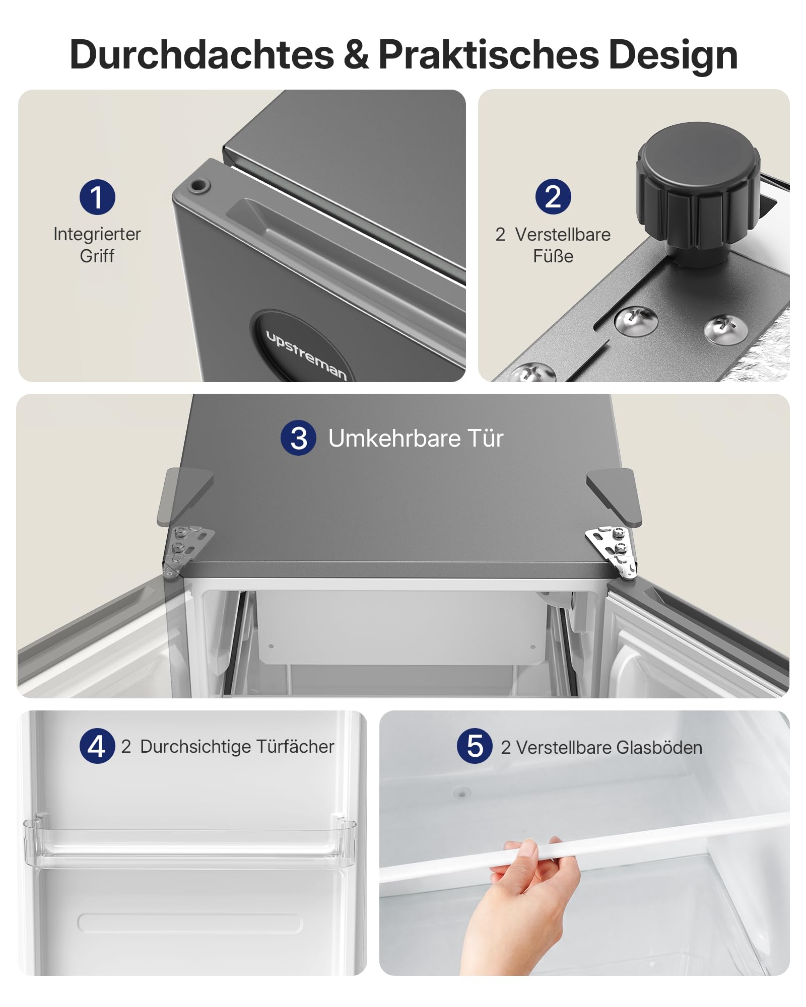 Upstreman 71L Kühlschrank Ohne Gefrierfach, 1-10°C 7-stufige Temperaturregelung, LED-Beleuchtung,40 dB Leise, Energiesparender Vollraumkühlschrank für Schlafzimmer Büro Küche, CR71-Dunkelgrau