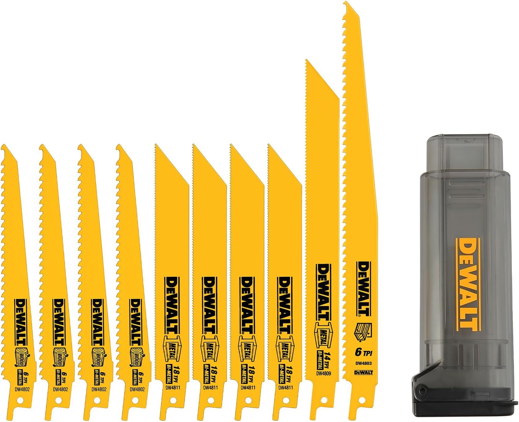 DEWALT Reciprocating Saw Blades, 10 Piece Bi-Metal Combination Set with Case, Various Sizes 6 In to 9 In, Longer Life (DW4898)
