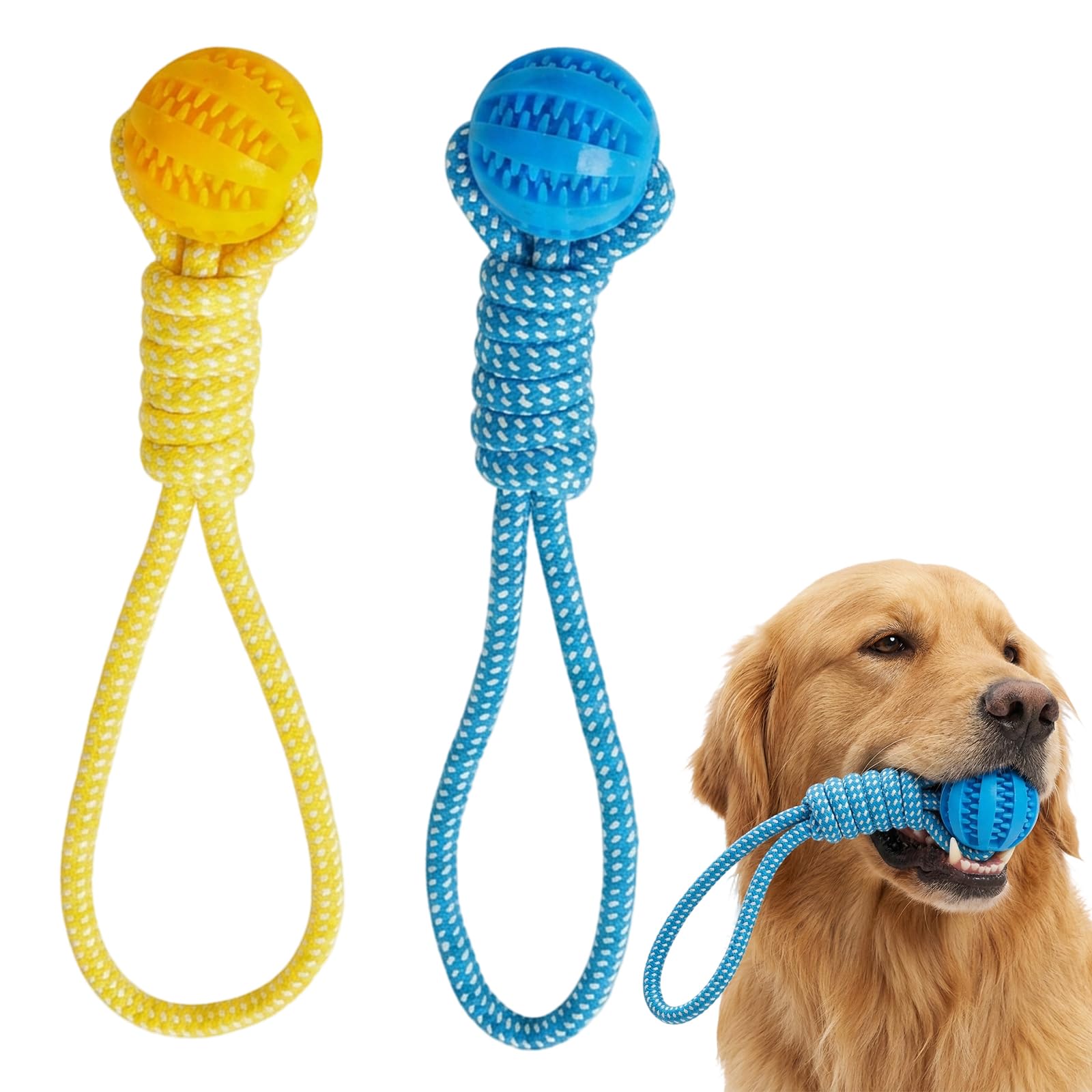 ZeBQrphio 2-Pack 2-in-1 Tug Toys for Dogs, Dog Ball on Rope, Interactive Play and Outdoor Exercise, Dog Ball Rope Toys for Large Breeds and Multi-Dog Households（Blue and Yellow