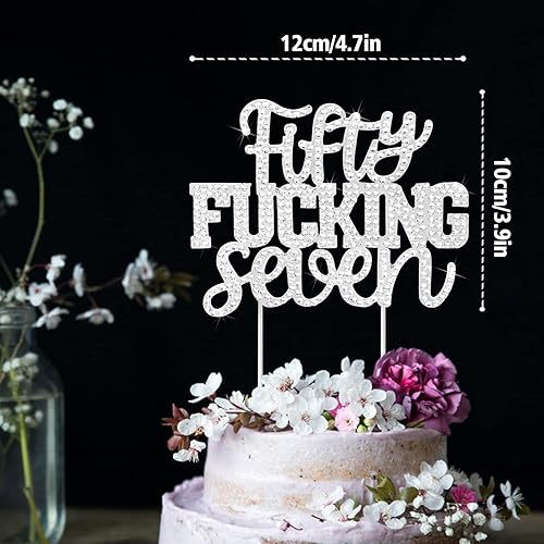 Miniatura 3 de LINGTEER Fifty Seven - Decoración divertida para tartas de diamantes de imitación plateados, con texto en inglés "Cheers to 57th Birthday 57 Years
