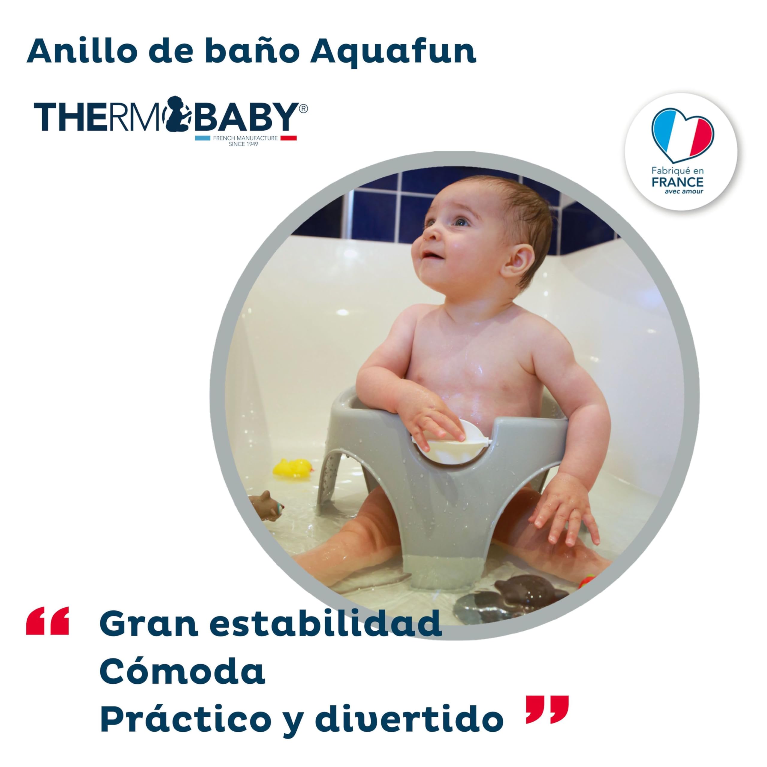 Thermobaby - Anillo de baño Bébé Aquafun - Asiento de Baño Cómodo y Divertido & - Diseño Ergonómico - Molino de Agua - Fácil Instalación - De 7 a 16 Meses - Made In France - Gris Charme
