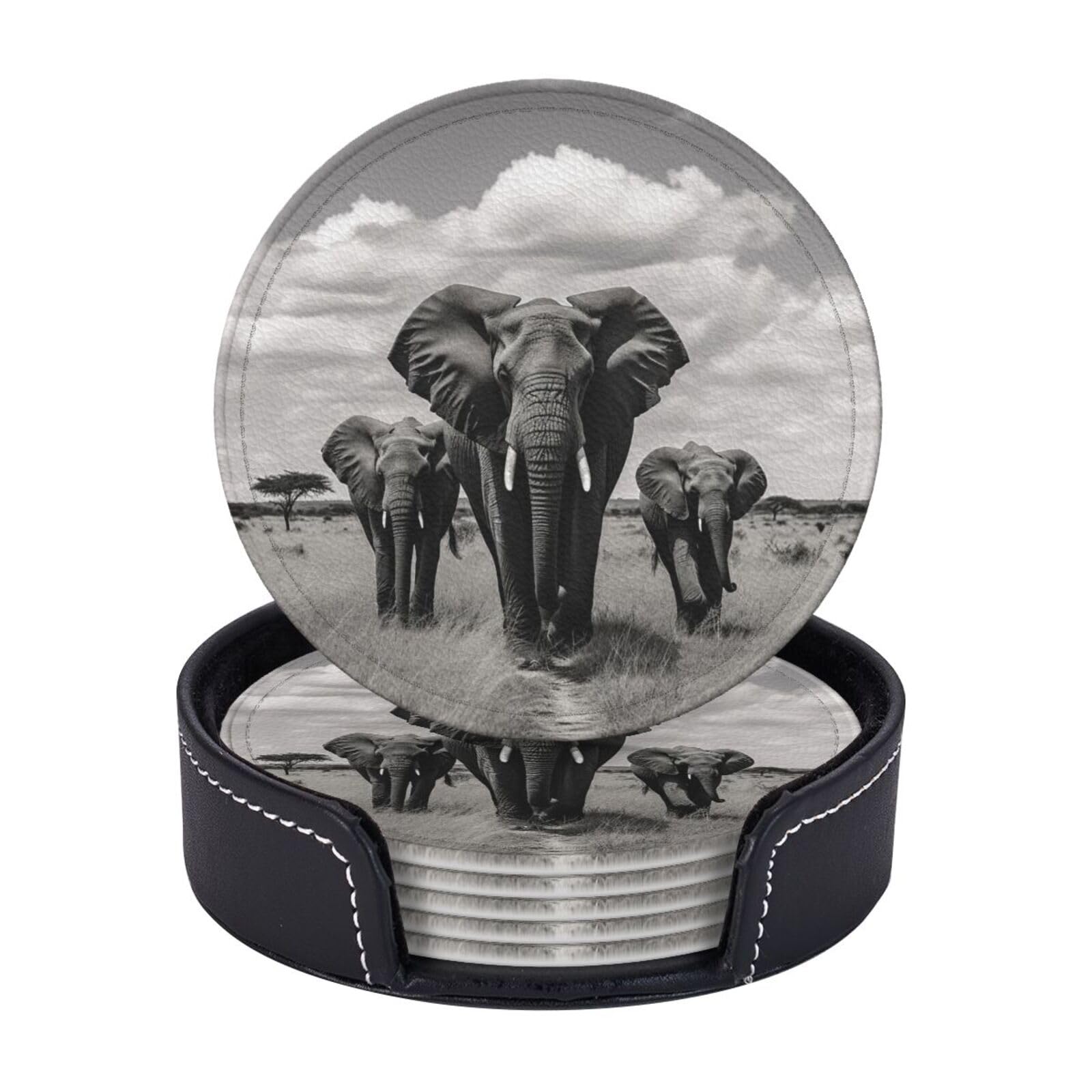 Drink Coasters Set of 6 Waterproof Non-Slip Leather Coasters with Holder Round Mug Mat Elephant Walking Coasters for Drinks Tabletop Protection Cup Pad for Coffee Table Bar Home Decor