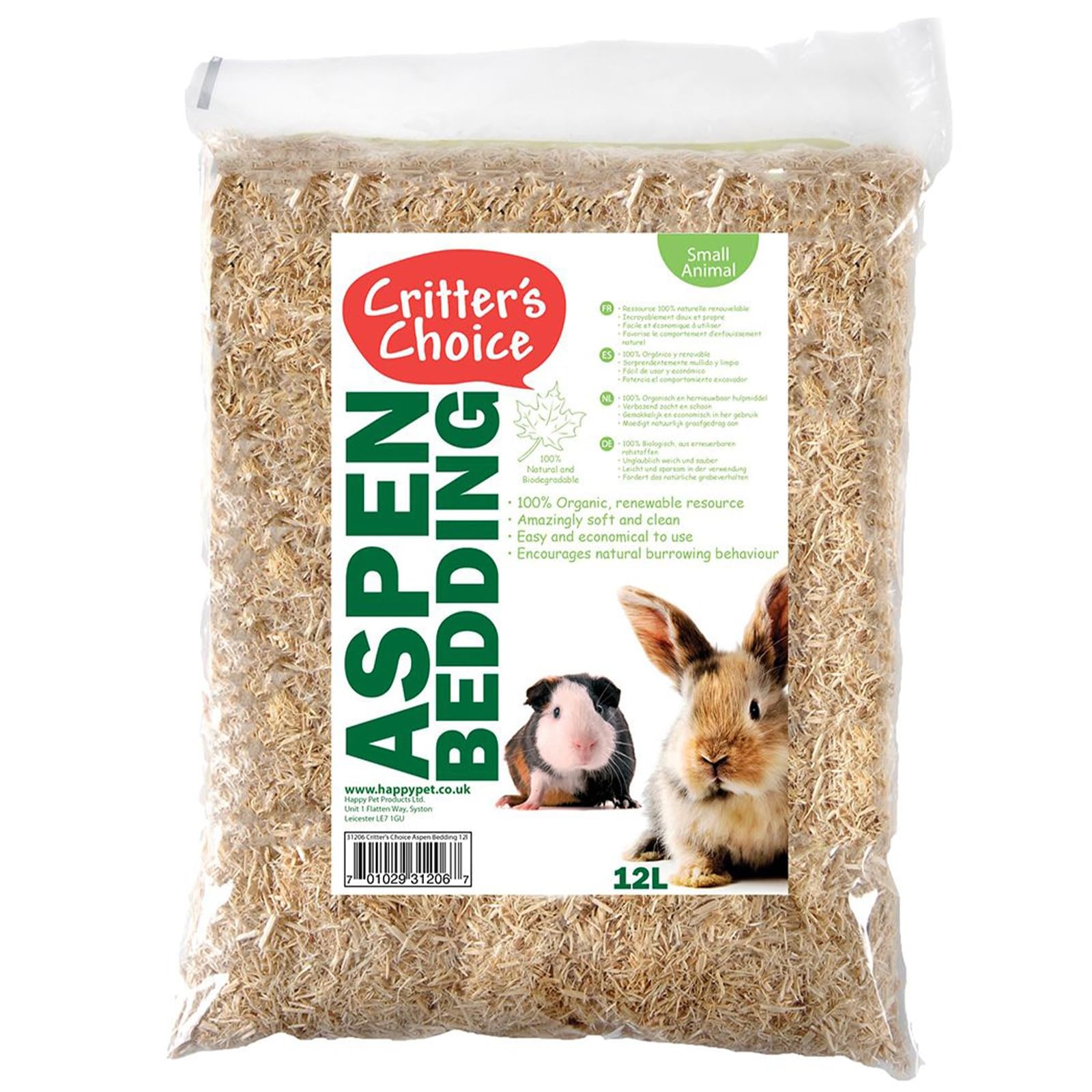 Happy Pet Aspen Small Animal Bedding Unscented Natural Wood Shavings Soft and Absorbent Bedding for Rabbits and Small Pets - 12L