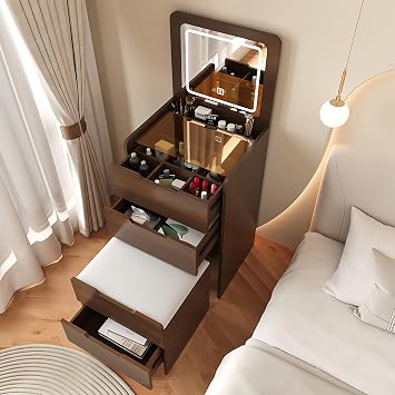 Compact Vanity Desk with Storage Stool, Modern Makeup Dressing Table with Visible Glass Desktop & Plip Top Mirror & Storage Drawers, Writing Desk for Bedroom, Walnut