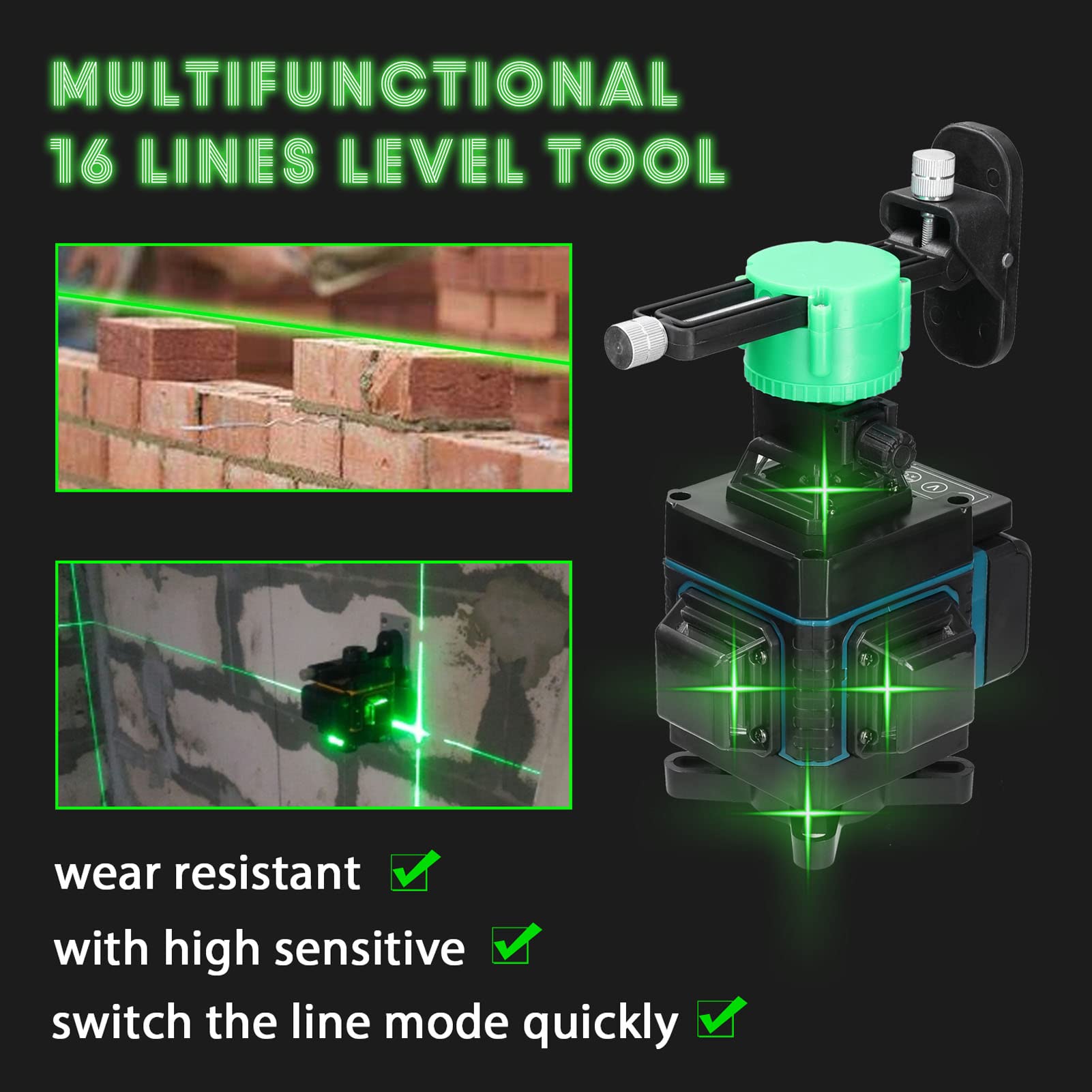 Geevorks Niveau laser 4D 16 Lignes Auo-équilibrage du Niau Laser Vert Rotatif Outil de Niveau Vertical Horizontal avec d'auto-Nivellement IP54 2x2400 mAh Batteries, avec trépied