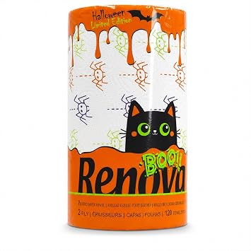 Renova Halloween Limited Edition Paper Towel Roll, 2-Ply, 120 Sheets, Spooky Ghosts or Spiders or Candy Designs