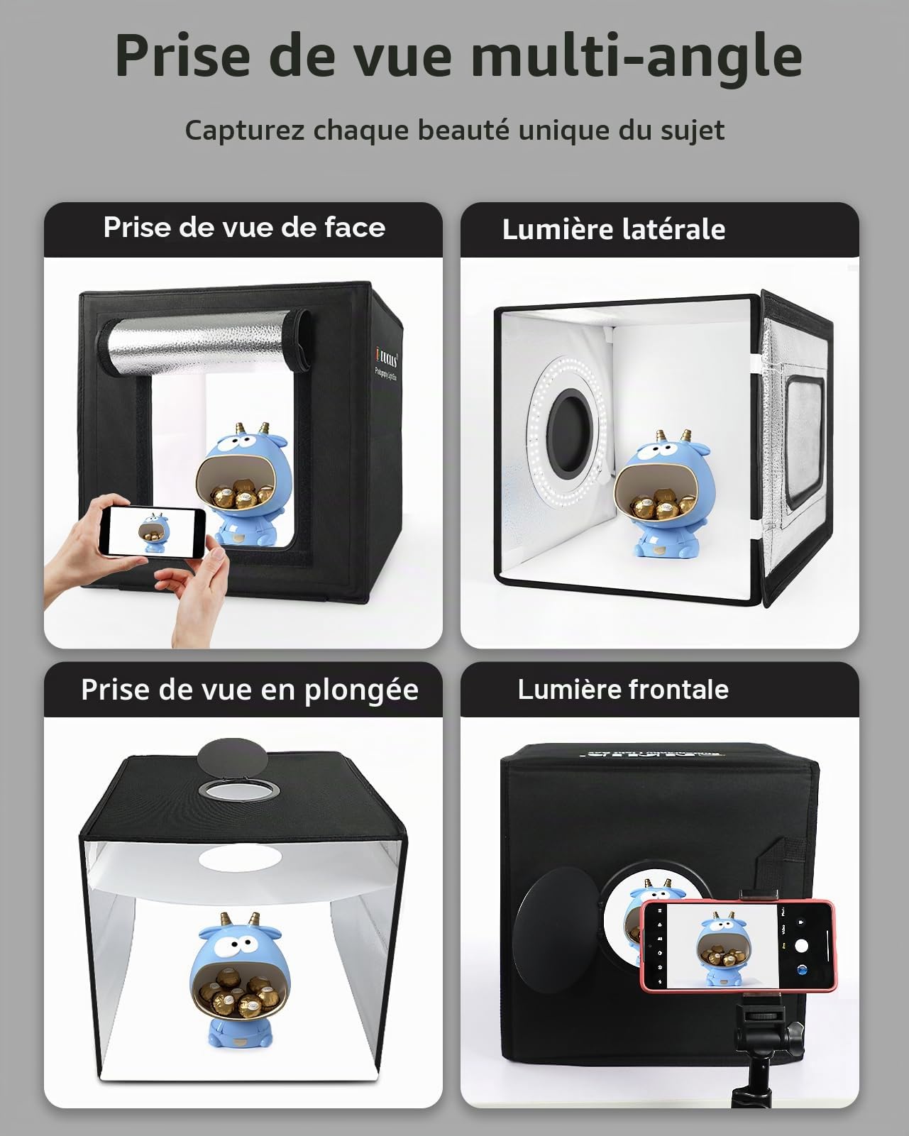 DUCLUS Boîte à Photo 25x25cm, Portable Box Photo Studio avec 104pcs LED Lumière Réglable, 6 Fond Lisse pour Photographie Produit Bijoux/Cosmétique/Nourriture