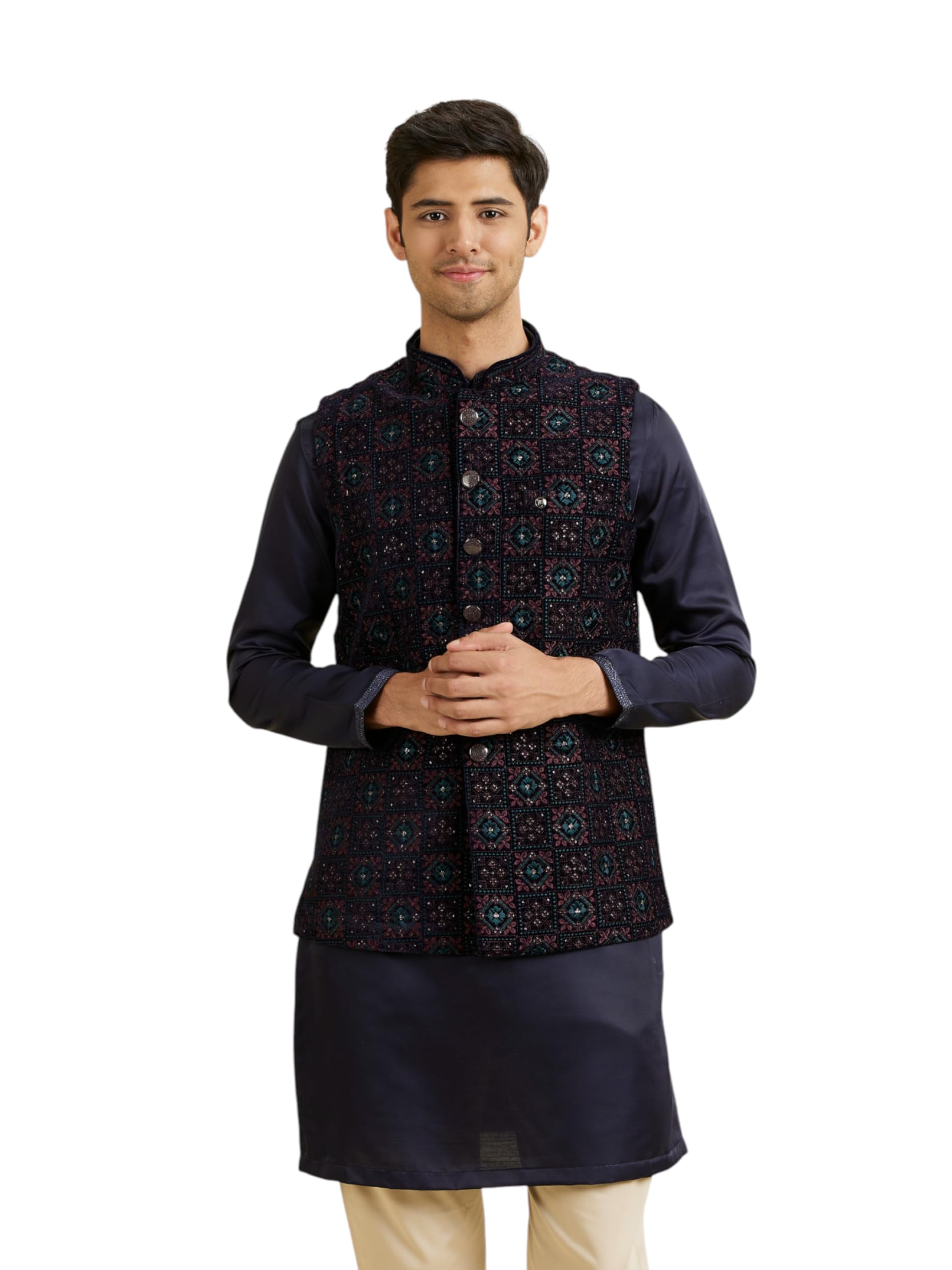 manyavar Men's Velvet Embroidered Nehru Jacket (1pc)-picture-36