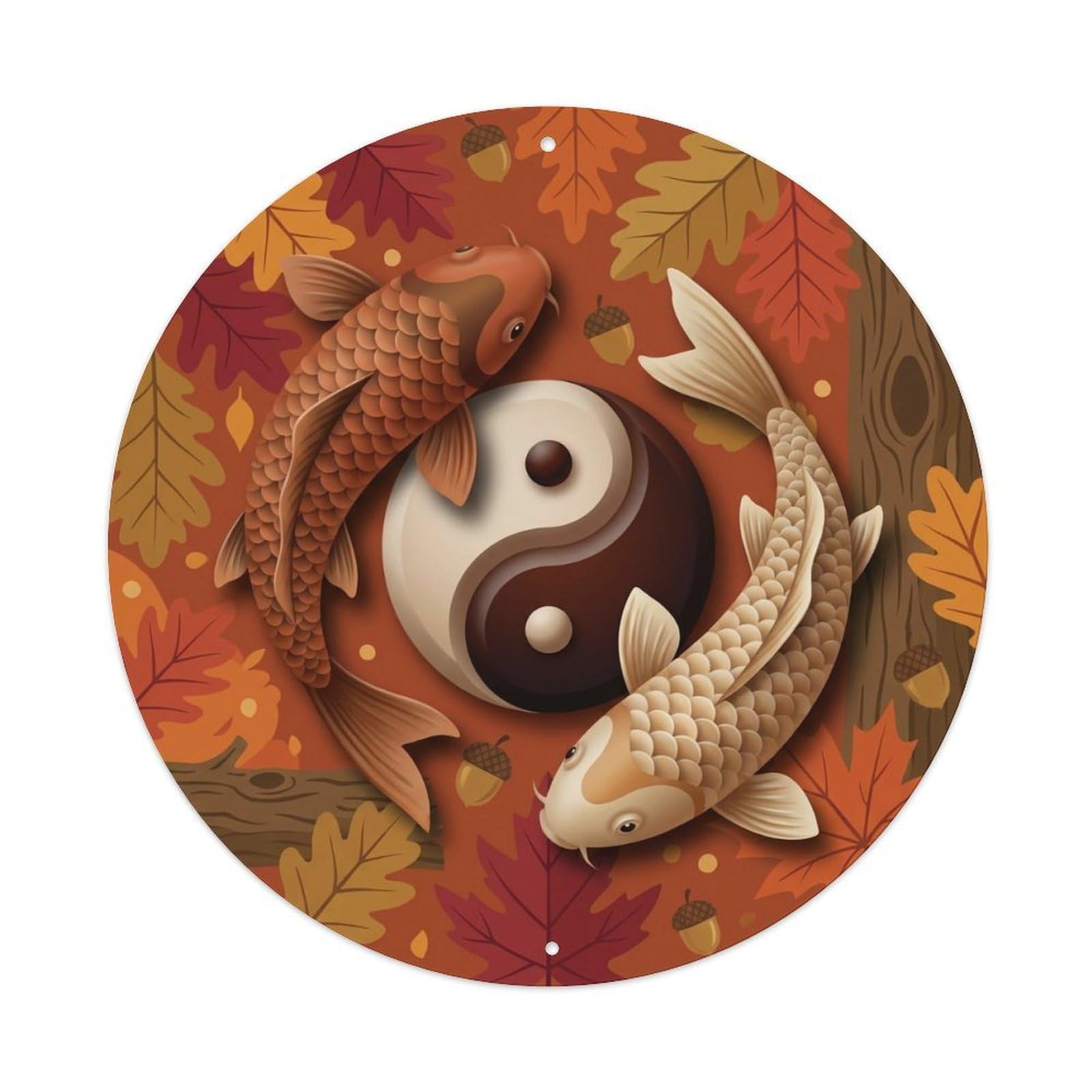 Tai Chi Koi Fish Rust Orange Brown Earth Autumn Warm Metal Tin Sign
