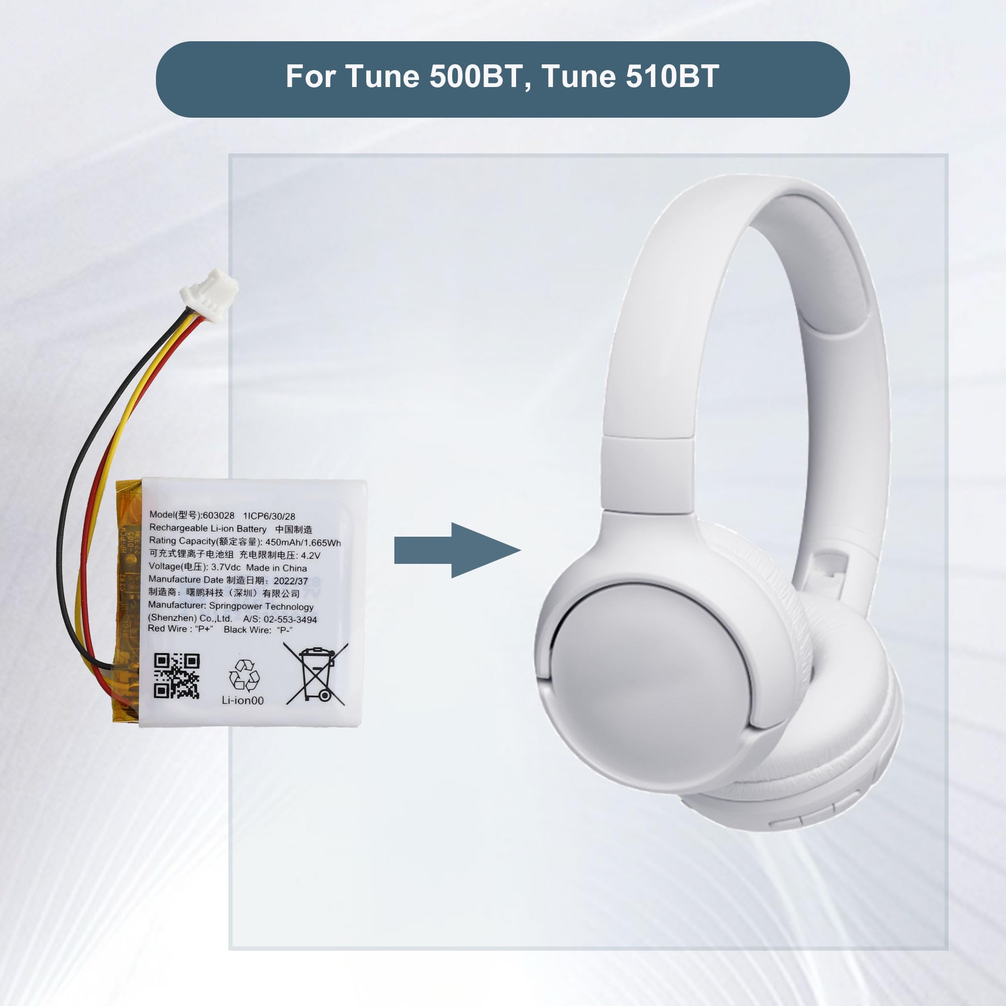 Batteria Sostitutiva Per JBL Tune 510BT E 500BT - Ricambio Originale 450mAh 3.7V Li-Polymer - Foto 3