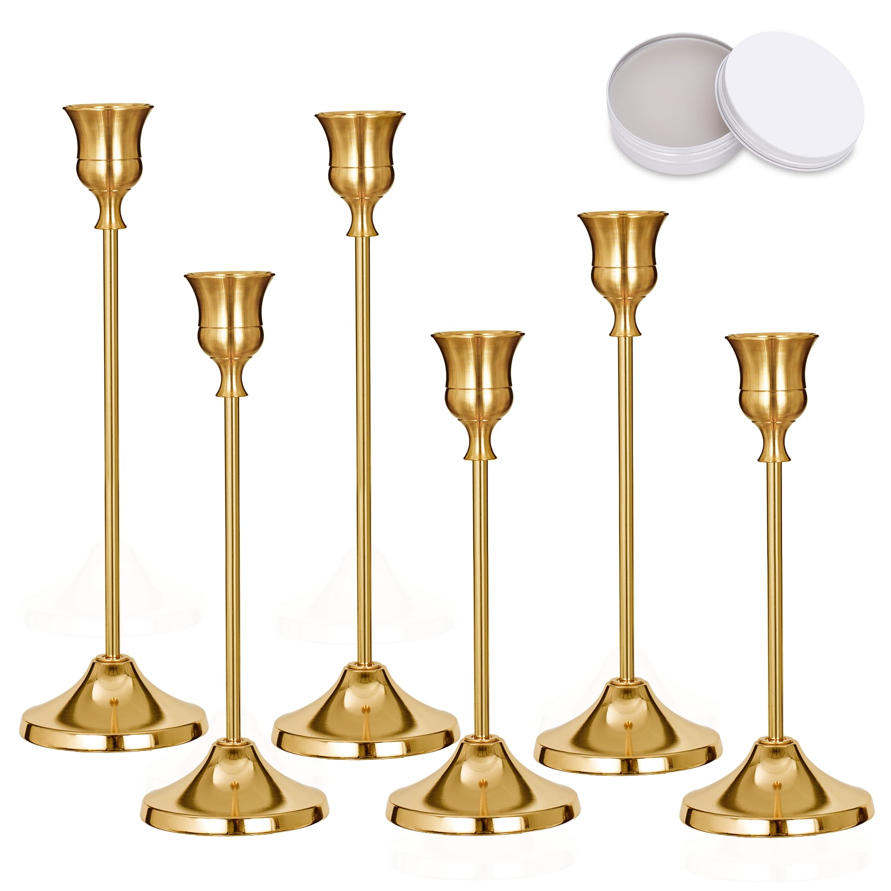 Set di 6 portacandele dorati, portacandele conici in metallo con cera adesiva, portacandele alti vintage moderni per candele lunghe spesse 1,9 cm, portacandele per matrimoni, feste di Natale