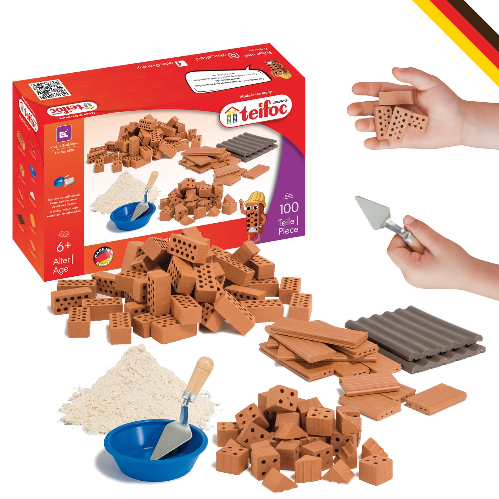 Teifoc Bastelset - Steinbaukasten 1530, 100+ Miniatur Ziegelsteine | mit Mörtel und Werkzeug für DIY Projekte, ab 6 7 8 Jahren, Ton Bausteine zum Basteln, DIY Set Kinder, Konstruktionsspielzeug