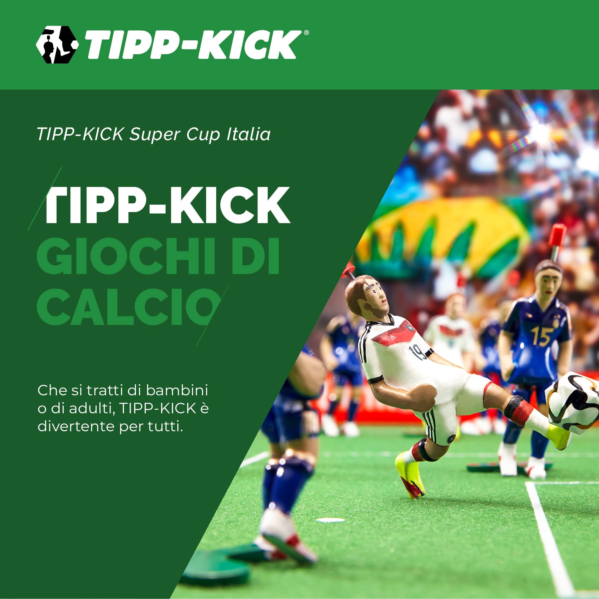 TIPP-KICK Super Cup Italia – Set 1x XL Campo con Bordi, 2x Top Kicker, 2x Portieri “Toni”, 2x Reti, 2x Palloni, 1x Orologio Segnatempo, 1x Chip Sonoro + Borsa Sportiva
