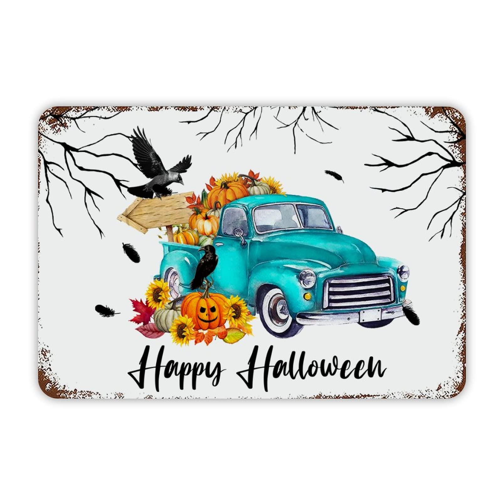 ENEDNATE Farmhouse Man Cave Metal Sign Happy Halloween Pumpkin Truck and Gnomes Retro Aluminum Tin Metal Signs for Indoor & Outdoor Yard Office Kitchen Living Room Door Home Décor 8x12 Inch