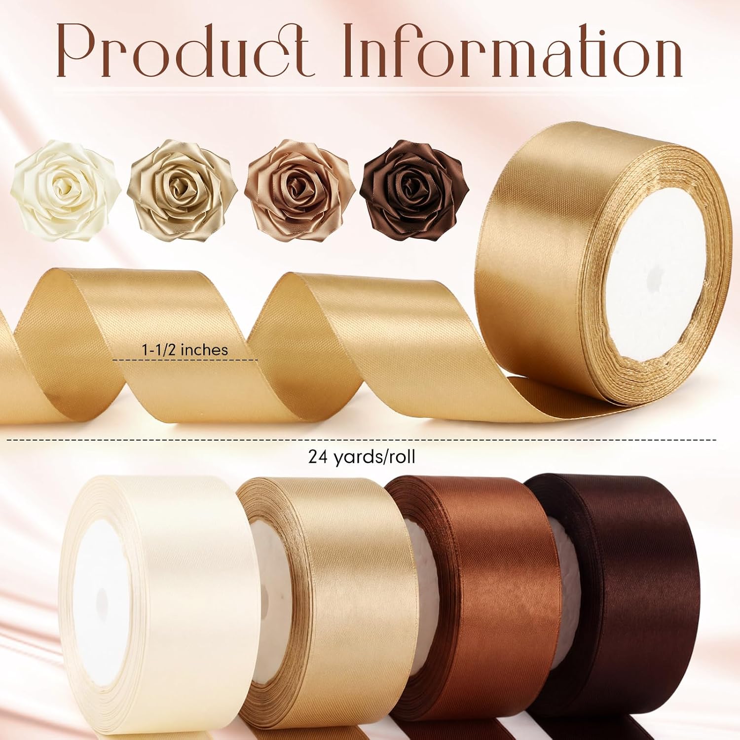 4 Rolls 1-1/2 Inch Wide Roses Satin Ribbon 96 Yards Solid Polyester Fabric Ribbon for Flower Bouquet Rose Making Gift Wrapping Wedding Bridal Decor Craft Bow (Brown Series)