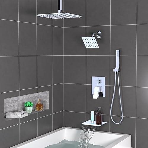 Miniatura 8 de Sistema de ducha de lluvia negro mate con chorros, sistema de ducha de lluvia de montaje en techo de 12 pulgadas y rociador de mano, juego combinado