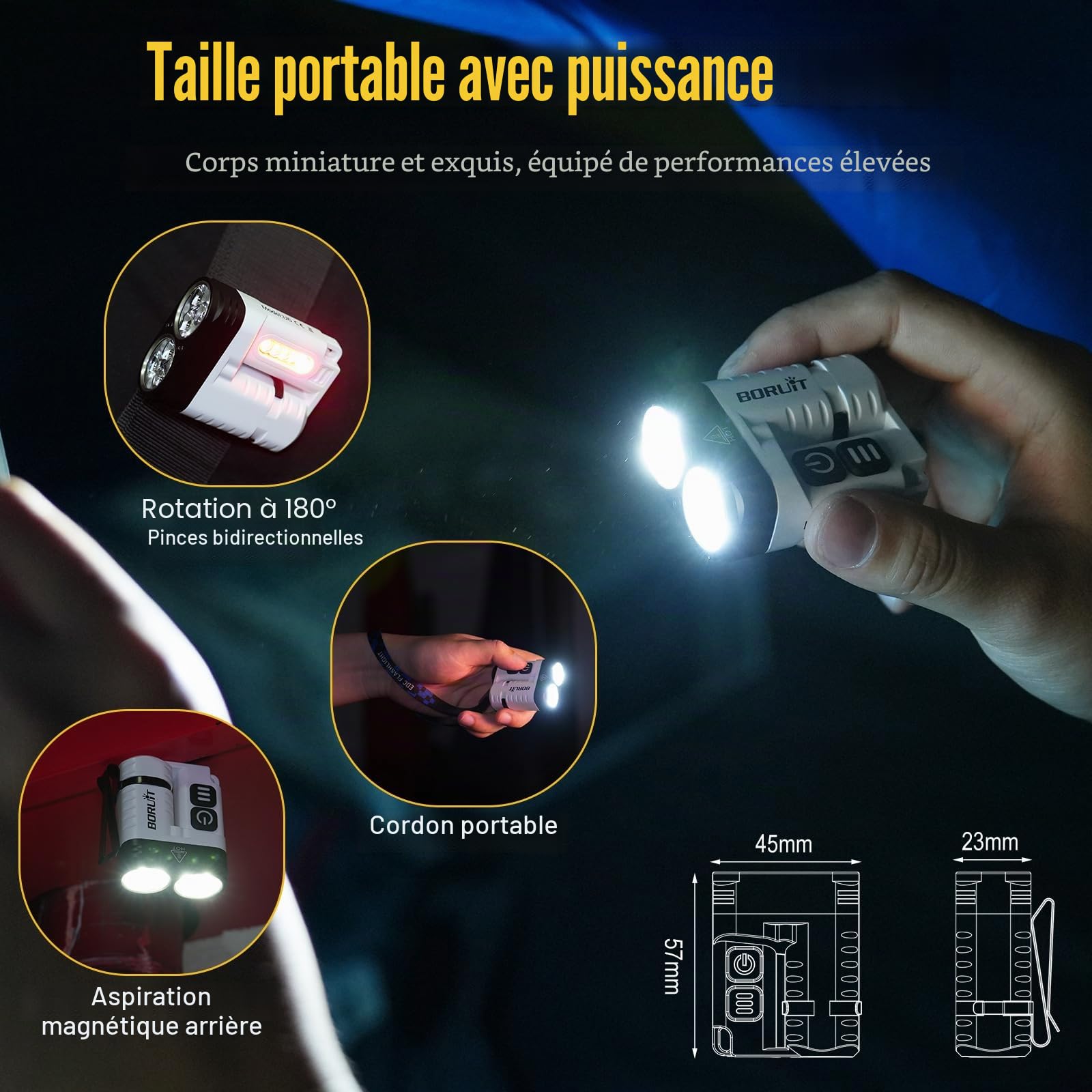 BORUIT U6 Mini Lampe de Poche, 1600 Lumens Rechargeable Petite Lampe de Poche, Super Lumineux 9 Modes, Avec IP68 Etanche, Clip Rotatif, Queue MagnéTique, Pour Camping Travail Urgence (blanc)