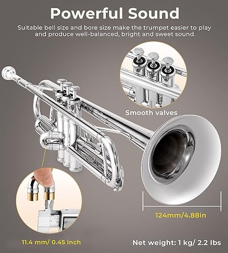 Miniatura 4 de Trompeta, trompeta estándar Bb Latón Plata Estudiante Trompeta Instrumento para la Banda Escolar Orquesta Principiantes Adultos con Estuche Duro,