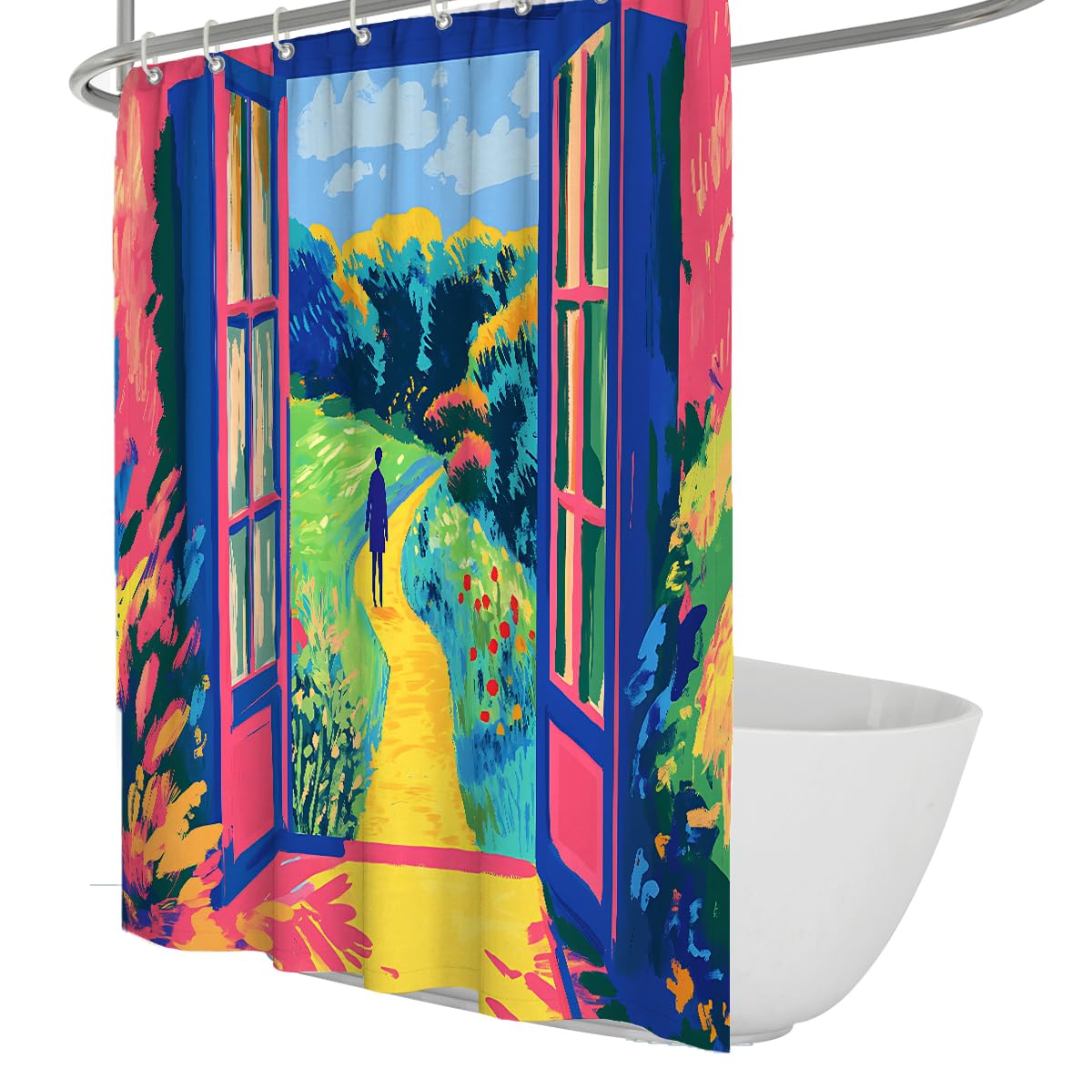 OLLIAR Home Vibrant Abstract Bathroom Shower Curtain Modern Contemporary Blue Window Path Garden Art Polyester Fabric Shower Curtains for Bathroom Decor 240x180cm