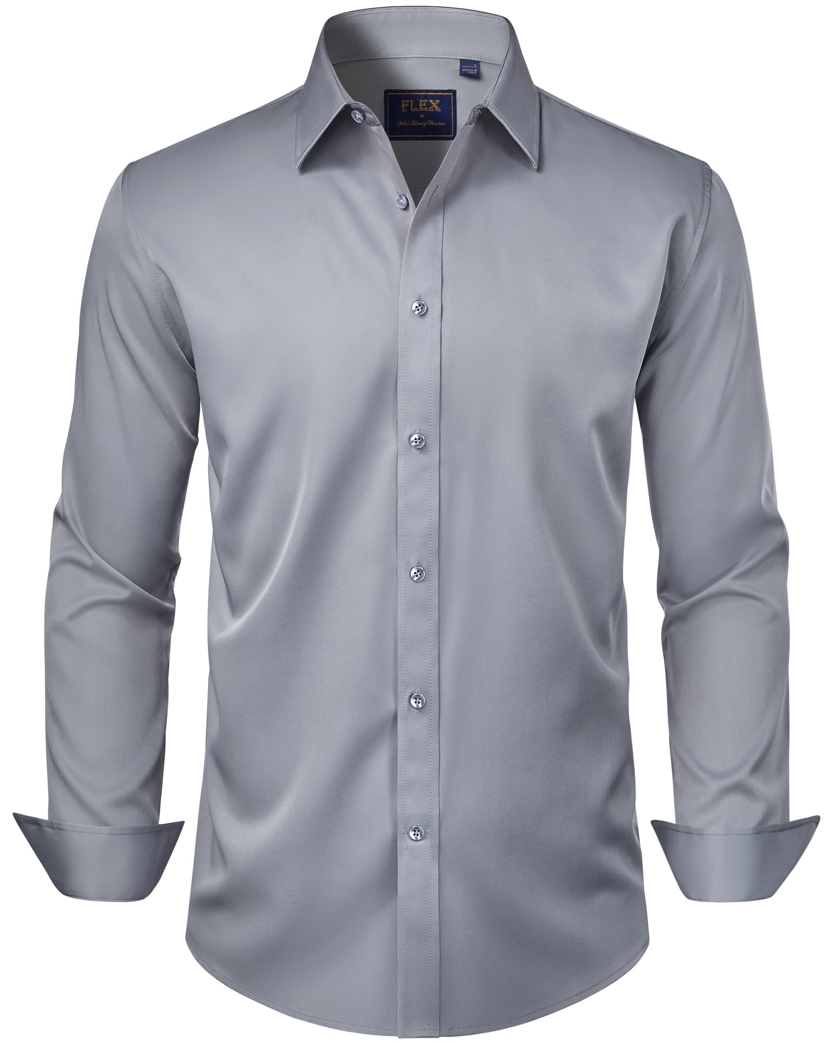 J.VER Camicie da uomo a maniche lunghe, tinta unita, elasticizzate, senza pieghe, camicia formale da lavoro, casual, con bottoni, Grigio argento, 4XL