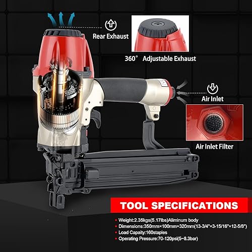 Miniatura 16 de Engrapadora de construcción, calibre 16, corona de 15/16 pulgadas de ancho, pistola de grapas neumática para cerca, alambre, tornos de madera