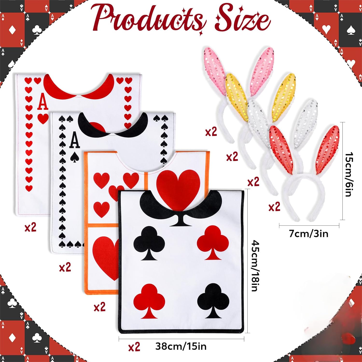 8 Set Playing Cards Felt Suit Vests with Rabbit Headbands White Rabbit Playing Cards Costume Tea Party Decoration Hearts Costume Casino Theme - Image 2