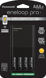 Panasonic K-KJ87K3A4BA Individual Battery Charger with Portable Charging Technology and 4AAA Eneloop Pro Rechargeable Batteries, Black