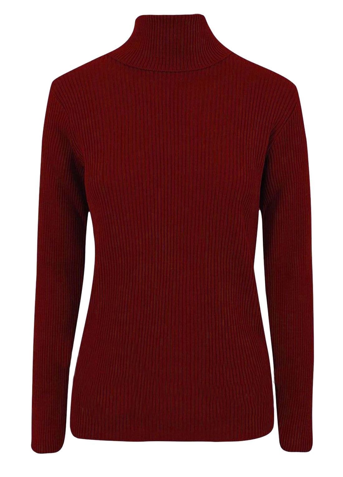 WOMENS LADIES RIBBED POLO NECK TOP JUMPER TURTLE ROLL NECK FULL SLEEVE PLAIN TOP (M/L 12-14, Wine)