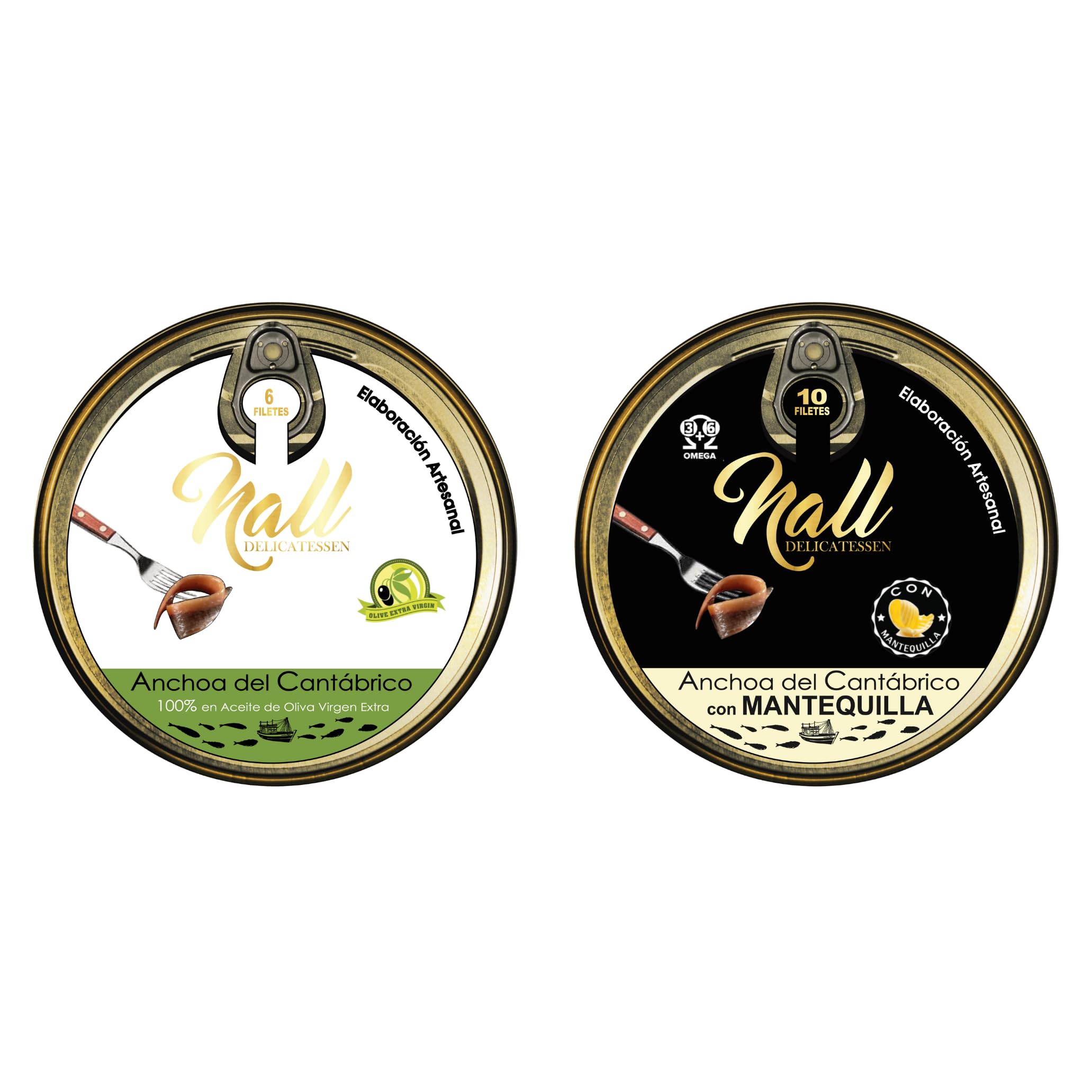 NALL DELICATESSEN (Pack 2 Latas) Anchoas del Cantábrico | Lata Anchoas XL 00 6 Filetes + Lata Anchoas XL con MANTEQUILLA 10 Filetes | Elaboración Artesanal