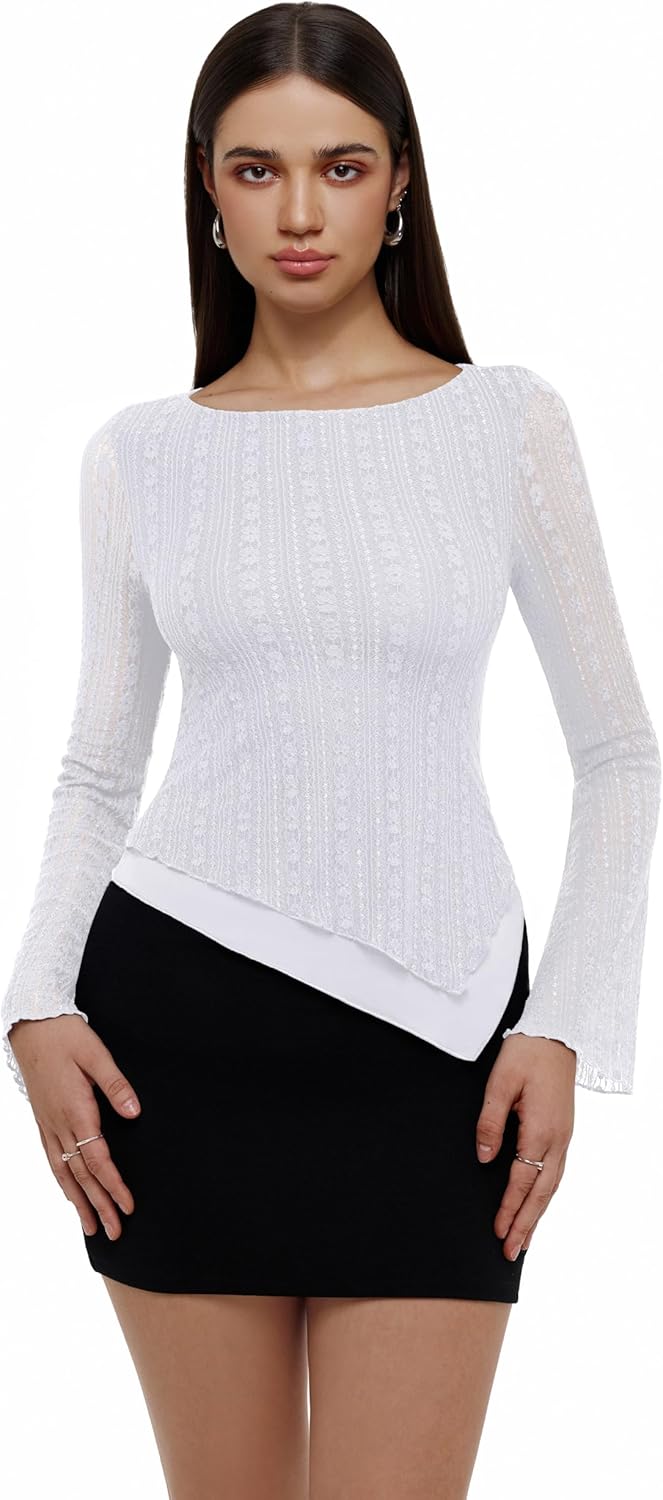 REORIA Women's Lace Mesh Boat Neck Bell Long Sleeve Tops Y2k Going Out Asymmetrical Tops 2025 Fall Fashion - Image 2