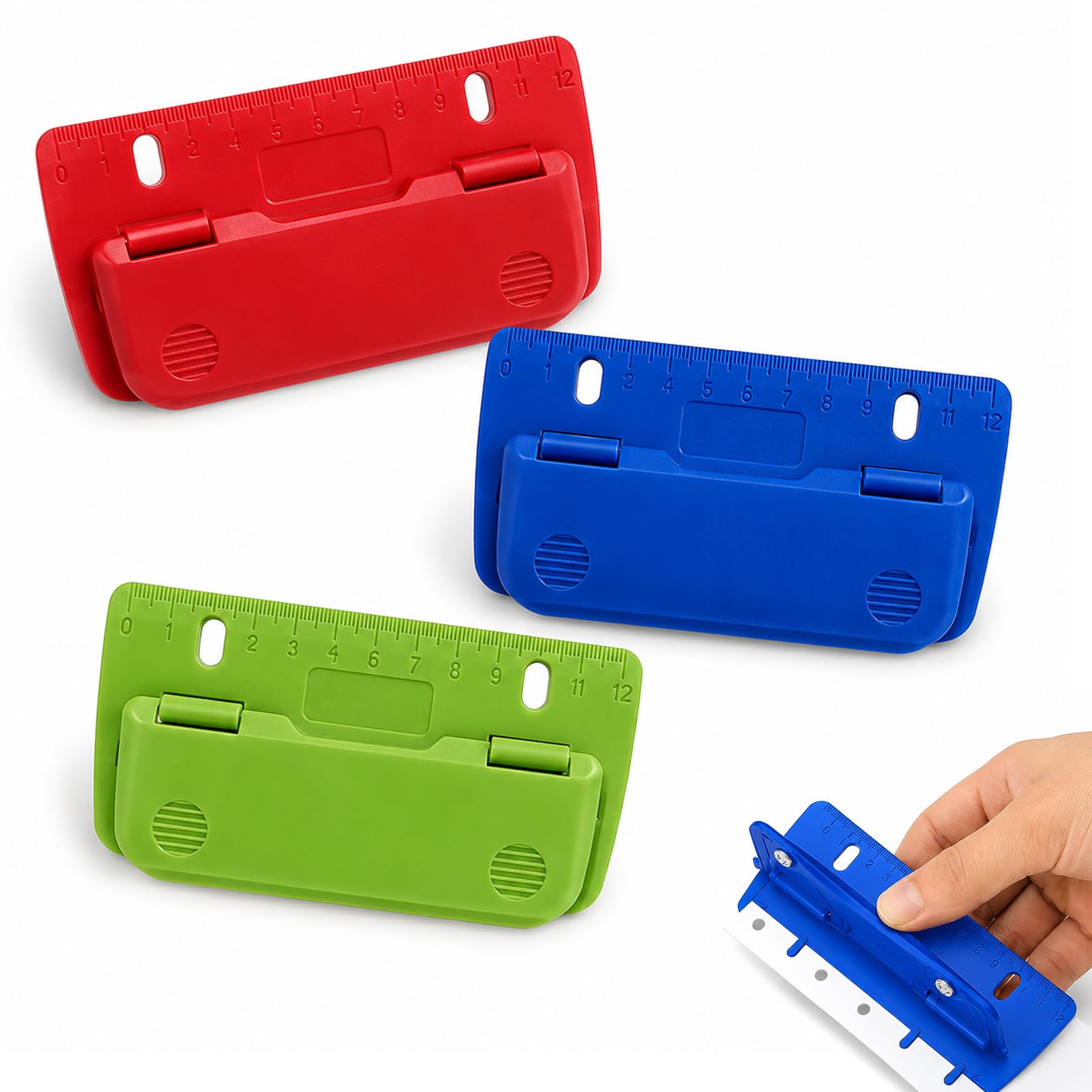 Pack of 3 Pocket Hole Punch for Folders, Mini Hole Punch for Filing, Flat Pocket Hole Punch for School, Office, Household for 80 mm Hole Spacing, Blue, Red, Green for Label Binding, Hole Punch for