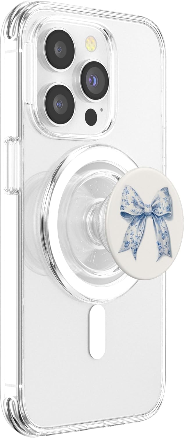 Chinoiserie white and blue Bow coquette PopSockets MagSafe PopGrip for iPhone