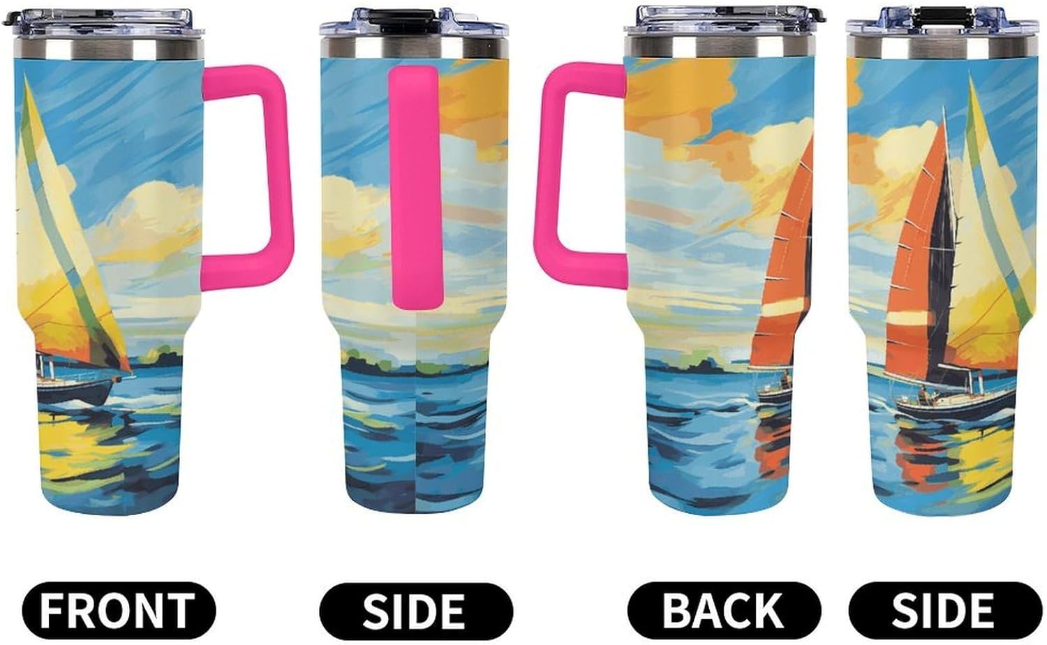 40 Oz Insulated Mug with Handle, Stainless Steel Colorful Sail Boat Printed Travel Mug Portable Leak-proof Large Car Mug for Home, Office Or Car