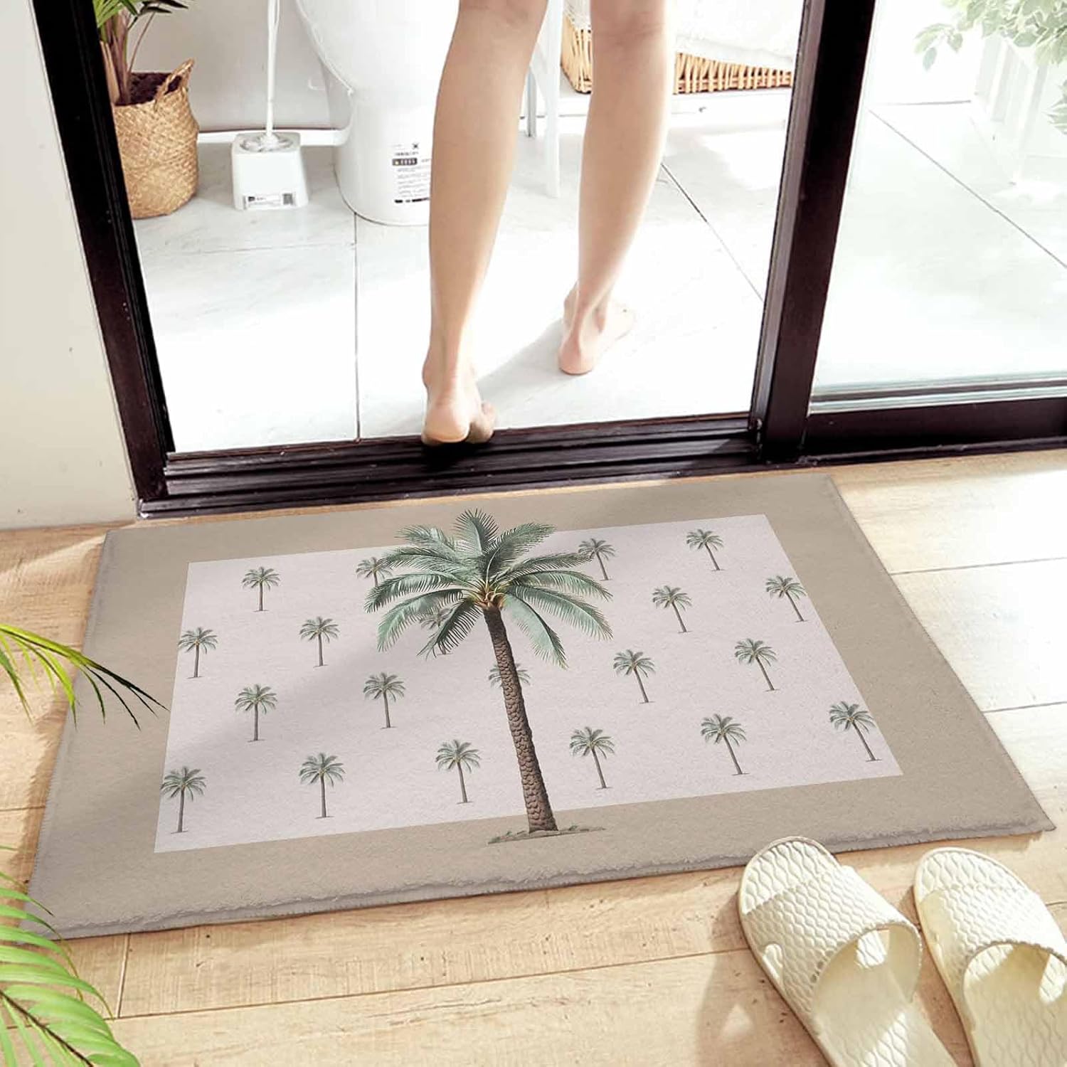 Plush Rug Non Slip Bath Mat, Geometric Summer Tropical Palm Trees on Brown Background Soft Shaggy Long Fur Fuzzy Bath Rugs 20" x 31.5", Carpet Mat for Bathroom Shower Home