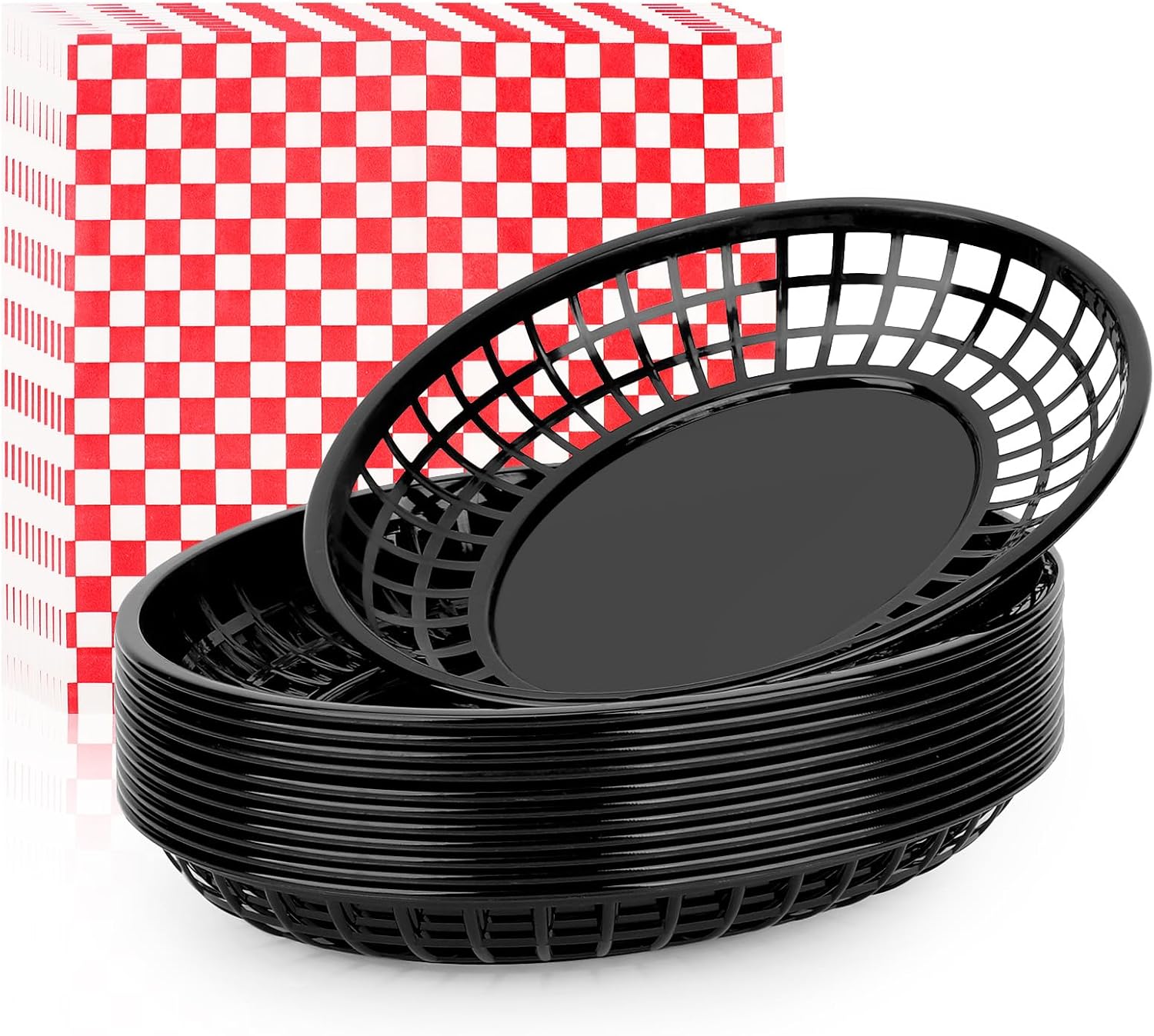 EUSOAR Food Baskets with Parchment Paper, Extra Large 12pcs 11.8"x8.9" Black Plastic Food Serving Baskets and 10"x11" 100pcs Red&White Deli Liners for Restaurant Supplies, Deli Serving