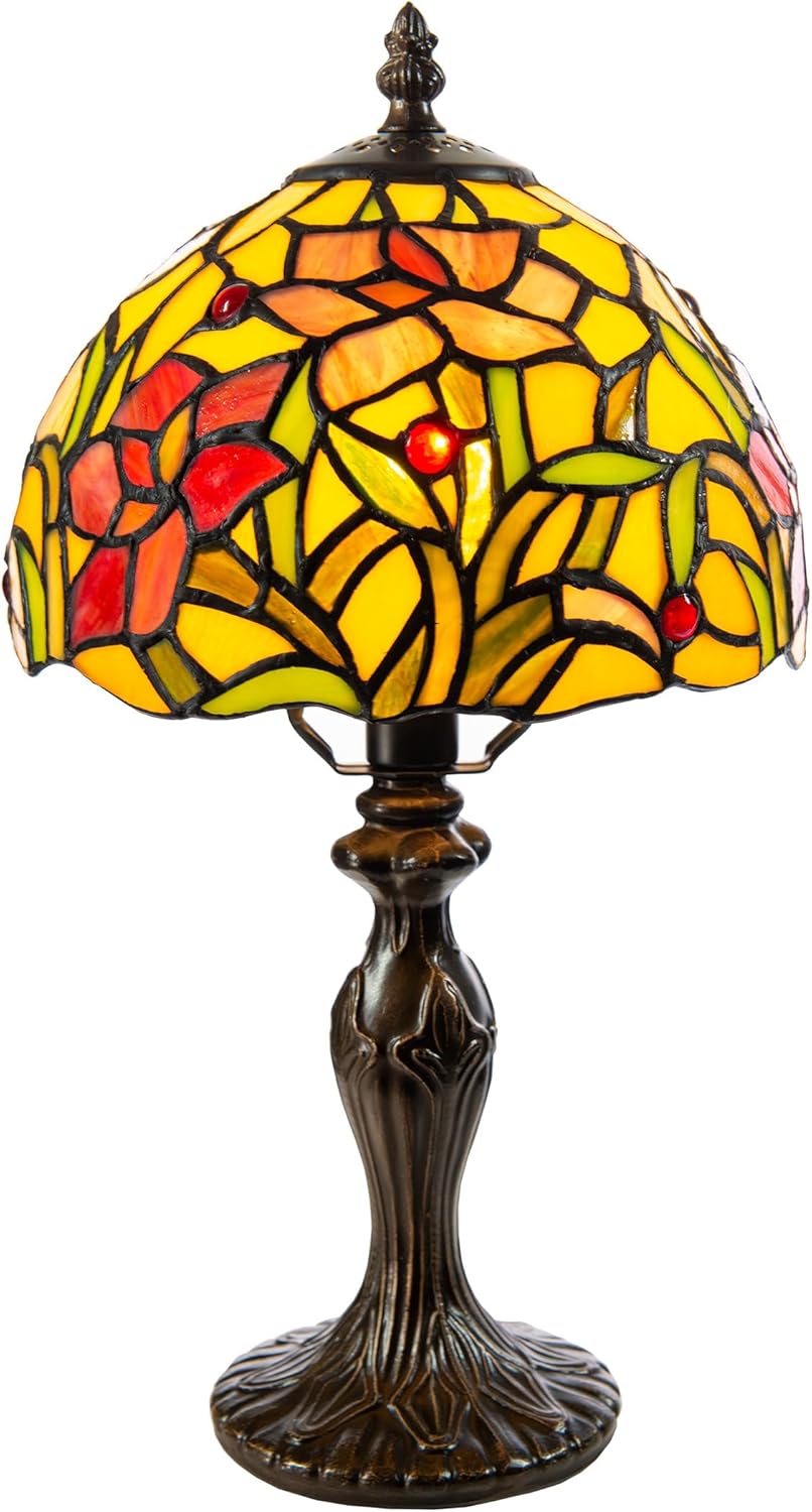 Sunny Amber Floral Fantasy 14" Stained Glass Accent Lamp with Bronze Base