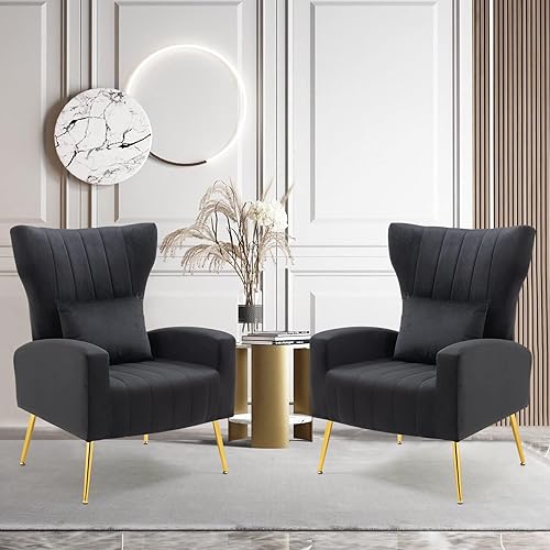 Miniatura 36 de Silla moderna de terciopelo para sala de estar, dormitorio, silla con respaldo alado con brazo y patas doradas, silla auxiliar de recepción de