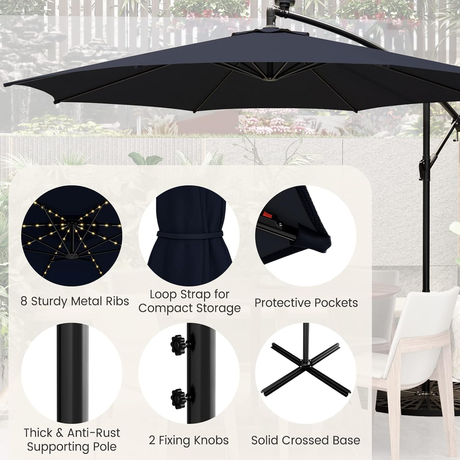 Giantex 10 ft Offset Patio Umbrella with 112 Solar Meteor Shower Lights, Outdoor Cantilever Umbrellas with 8 Ribs, Easy Tilt Adjustment, Hanging Market Umbrella for Backyard Garden Lawn Poolside