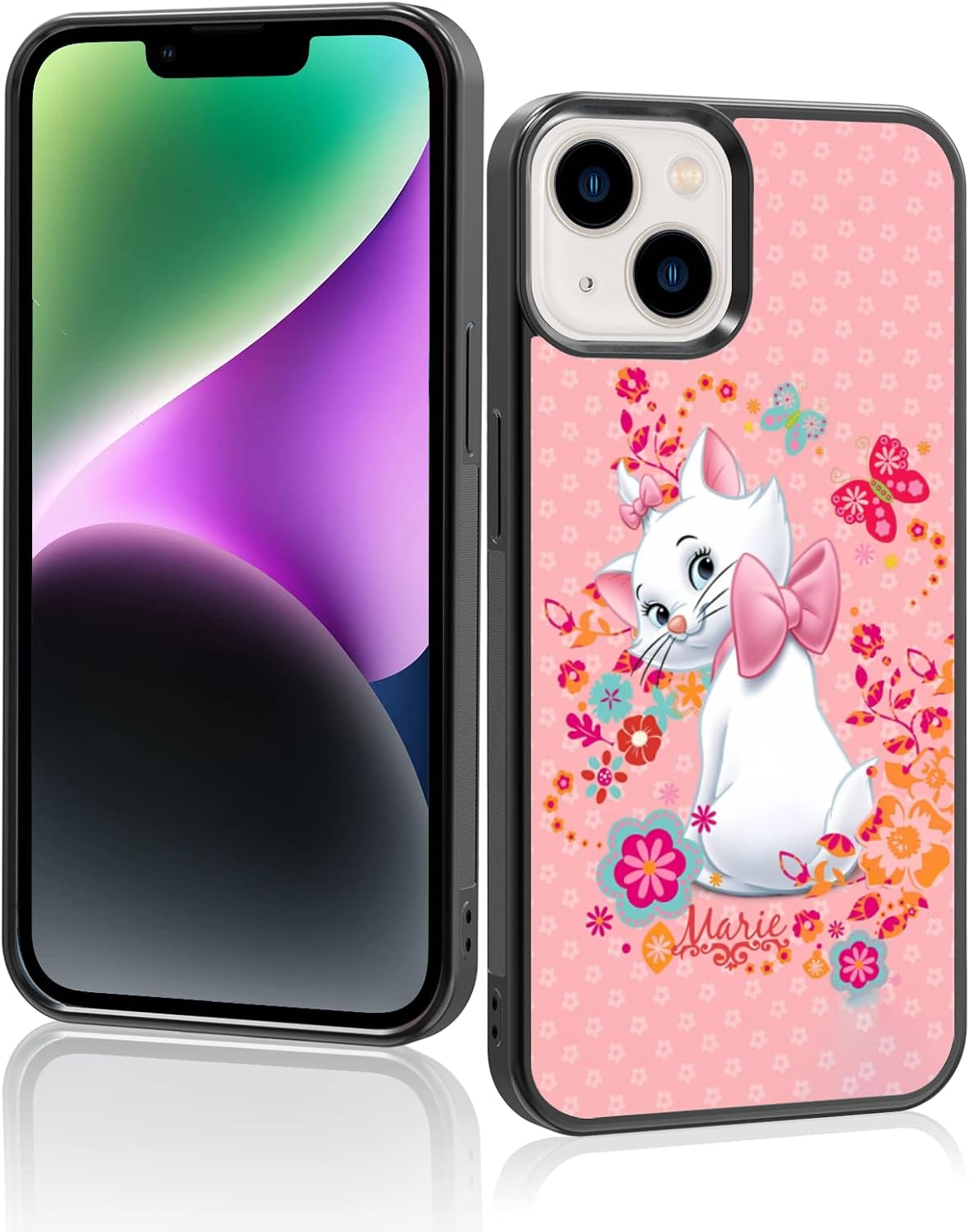 Pink Marie Cat Phone Case Compatible with iPhone 14 13 12 11 Plus Pro Max Mini Xr Xs Max, Beautiful Pink Bow iPhone Case Shockproof Aesthetic Cartoont Phone Cover Gift for Boy Girl Men Women