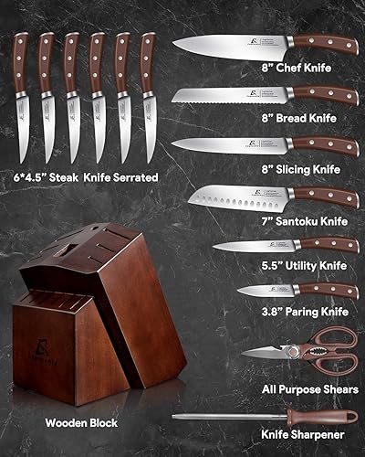 Miniatura 7 de Juego de cuchillos, nuevo biselado en 15 de fácil inserción, juego de 15 piezas de bloques de cuchillos de cocina con bloque y afilador, hecho a