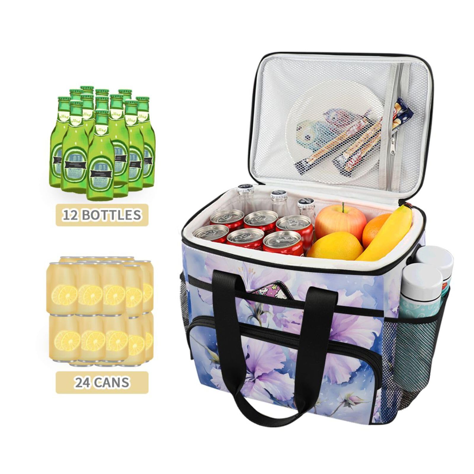 Bolsa térmica grande con estampado de flores moradas con diseño de teñido anudado, bolsa térmica impermeable de 15 litros, 24 latas, para adultos, hombres y mujeres