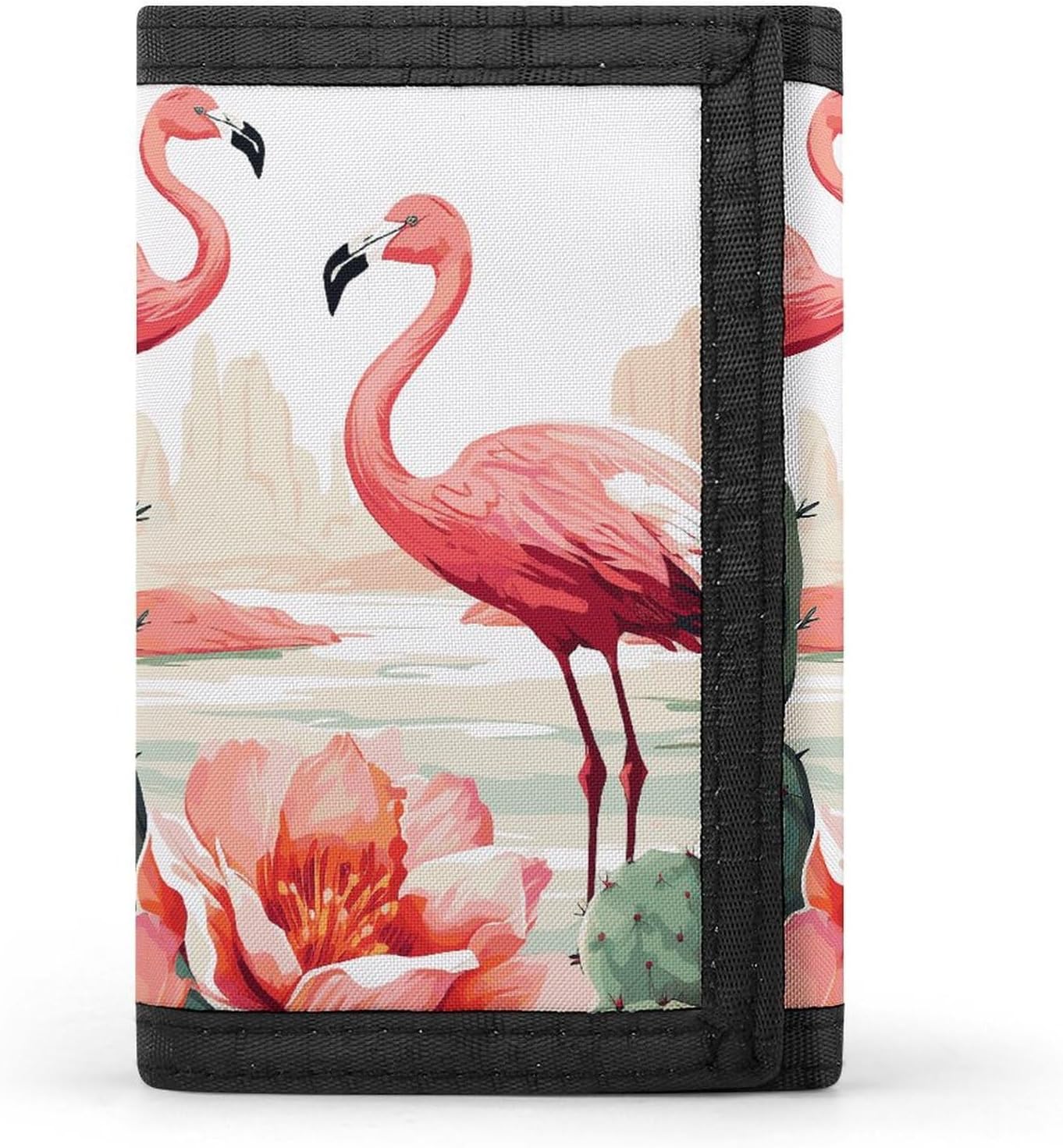 Trifold Canvas Wallet with Keychain, Modern Fashion Credit Card Holder Wallet for Men Women, Cactus Flamingo Rose Flowers Slim Wallets W/Zipper Coin Pocket, Novelty Birthday Gift
