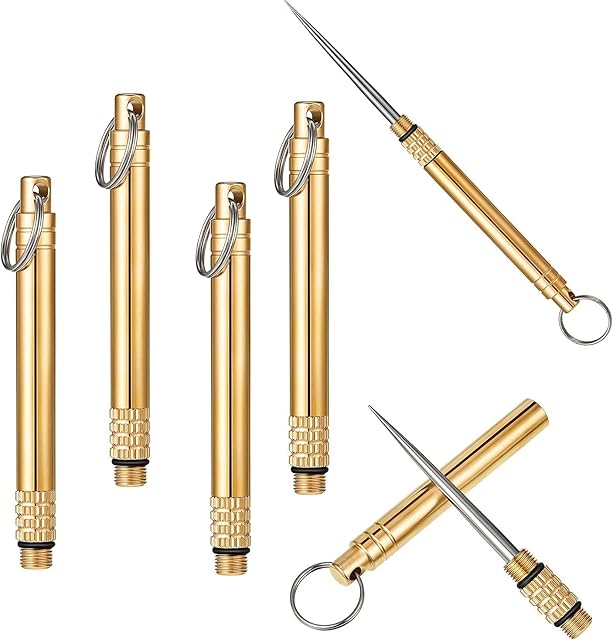 NITAIUN 4Pcs Portable Titanium Toothpicks Metal Toothpick with Protective Holder Key Ring Fruit Stick Stainless Steel Toothpicks for Outdoor Picnic and Camping (Brass)